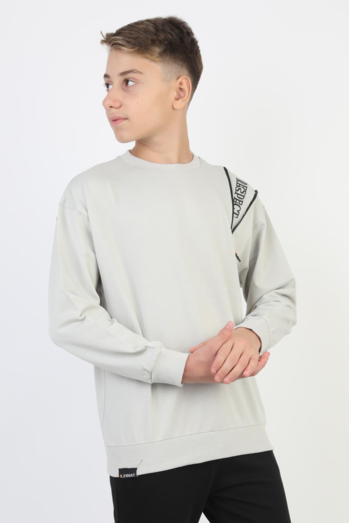 Fermuarlı Respect Baskılı Gri Erkek Çocuk Sweatshirt
