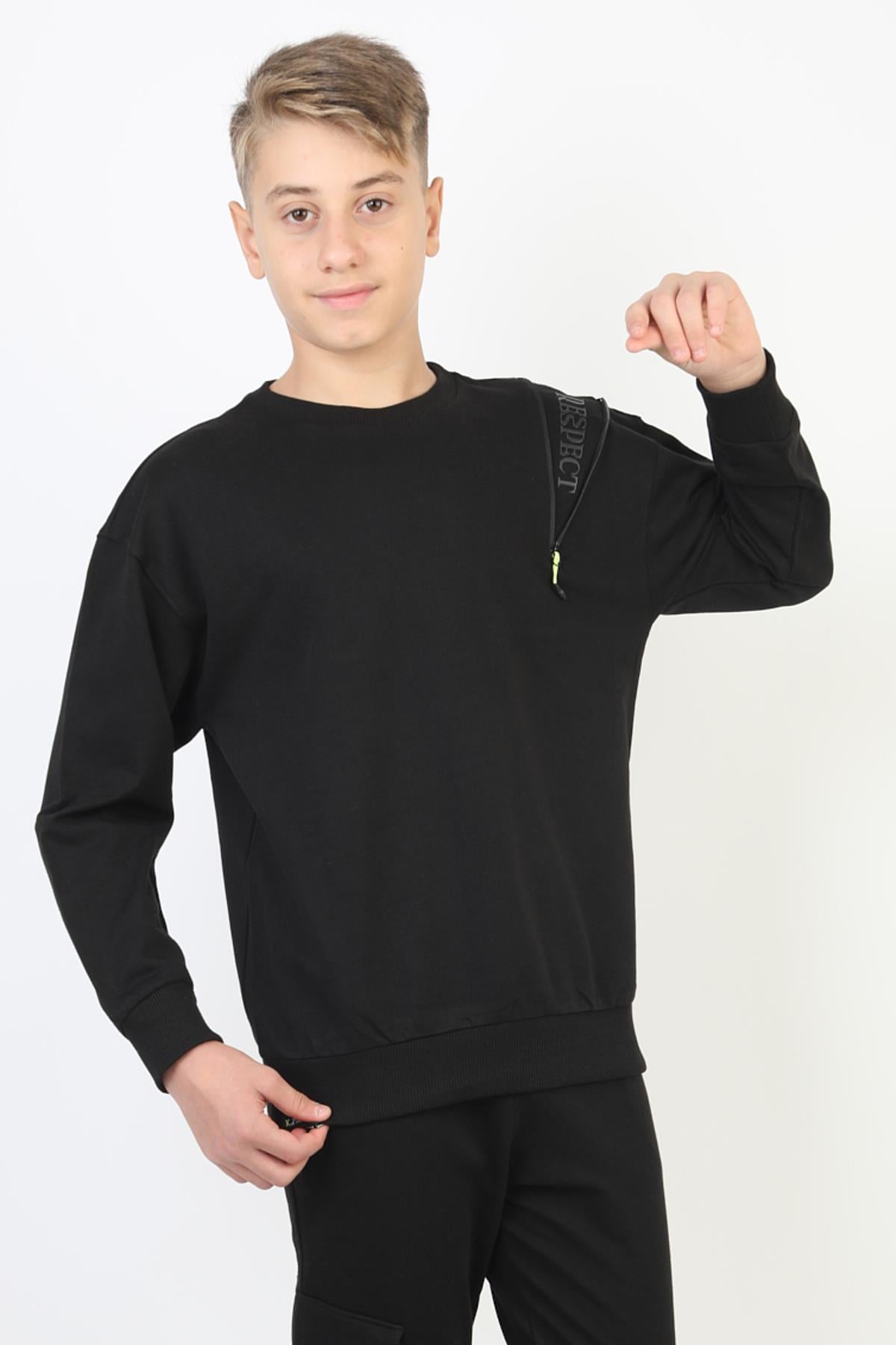 Fermuarlı Respect Baskılı Siyah Erkek Çocuk Sweatshirt