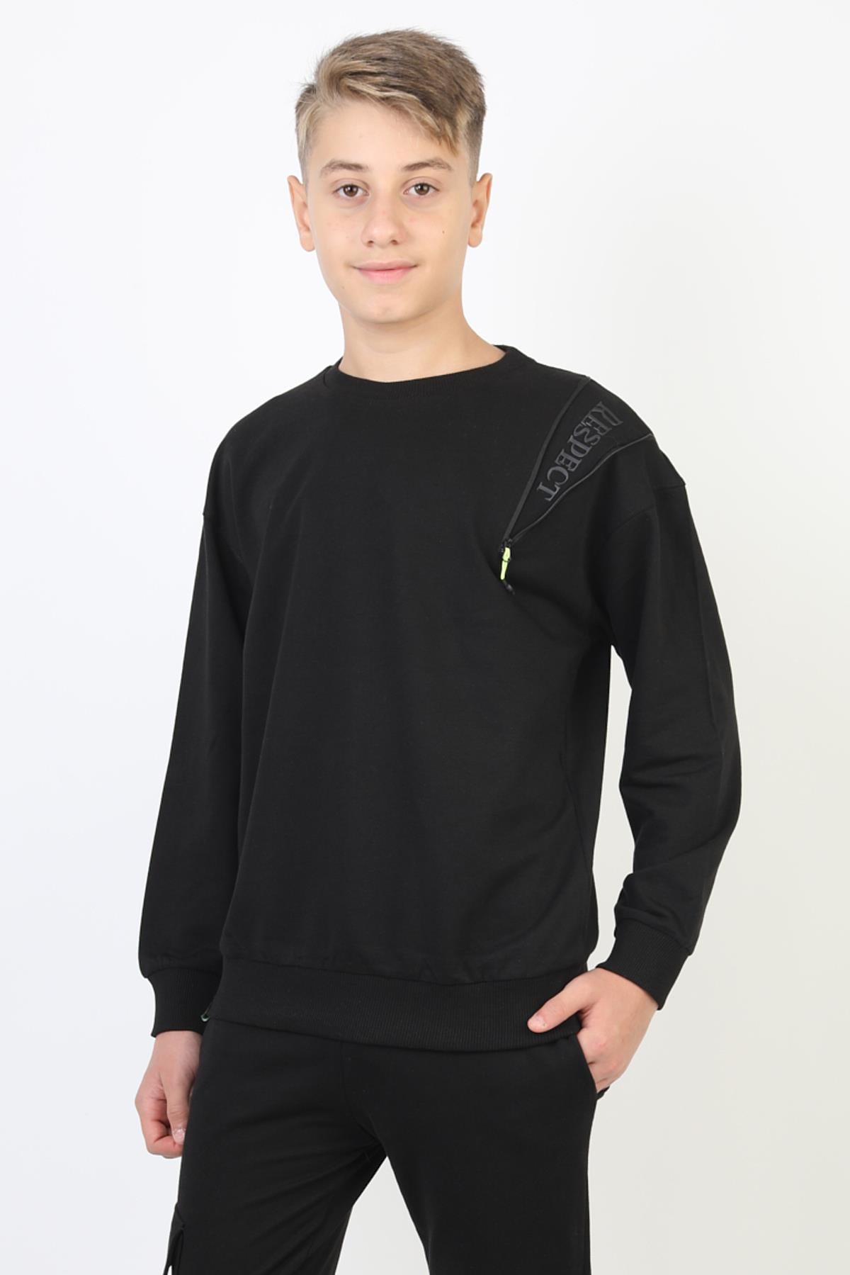 Fermuarlı Respect Baskılı Siyah Erkek Çocuk Sweatshirt