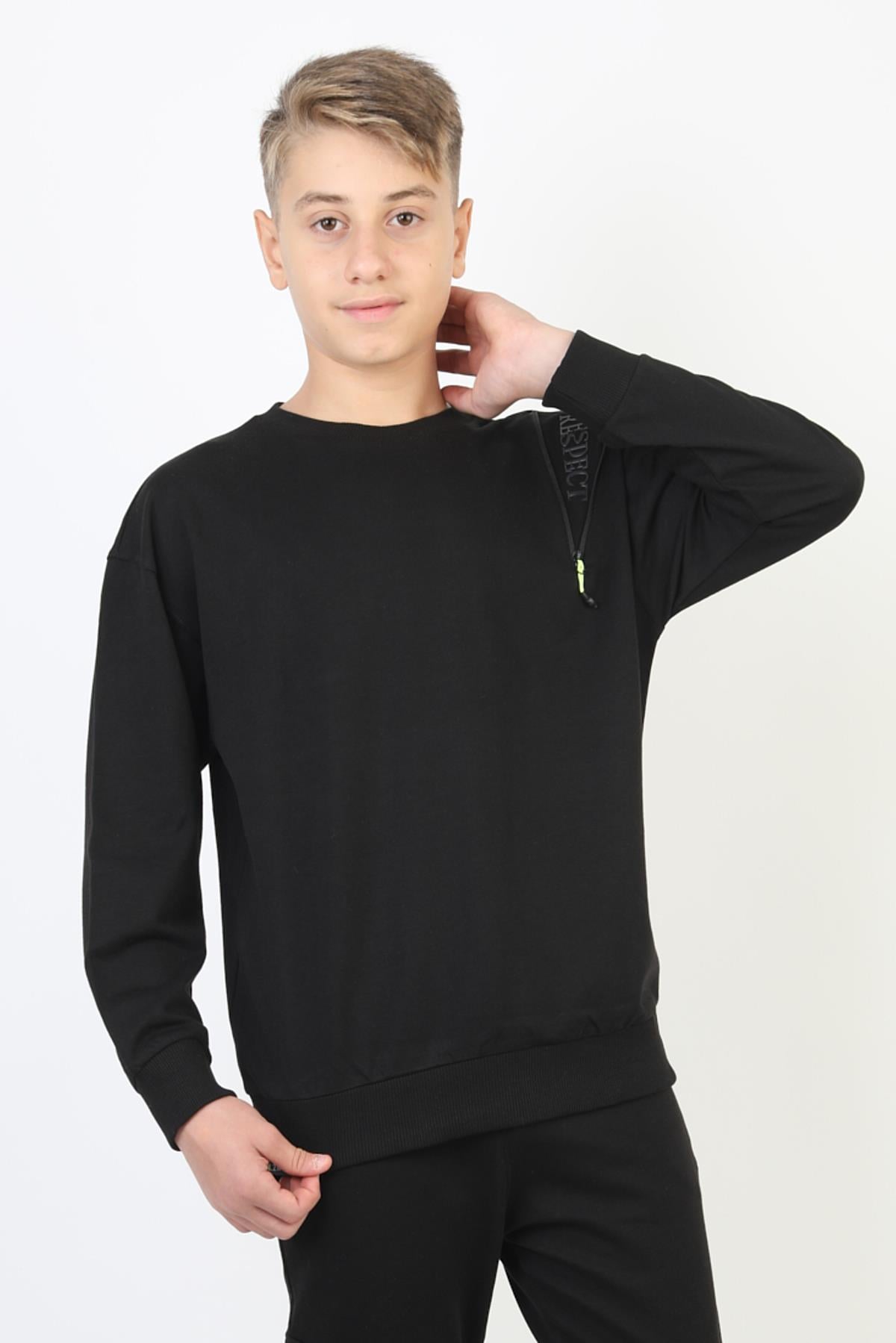 Fermuarlı Respect Baskılı Siyah Erkek Çocuk Sweatshirt