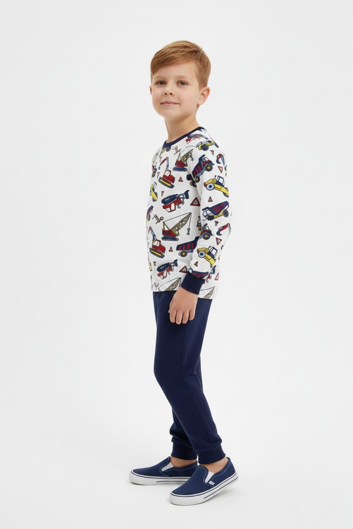 İş Makinesi Baskılı Uzun Kollu Mevsimlik Erkek Çocuk Pamuk Pijama Takımı