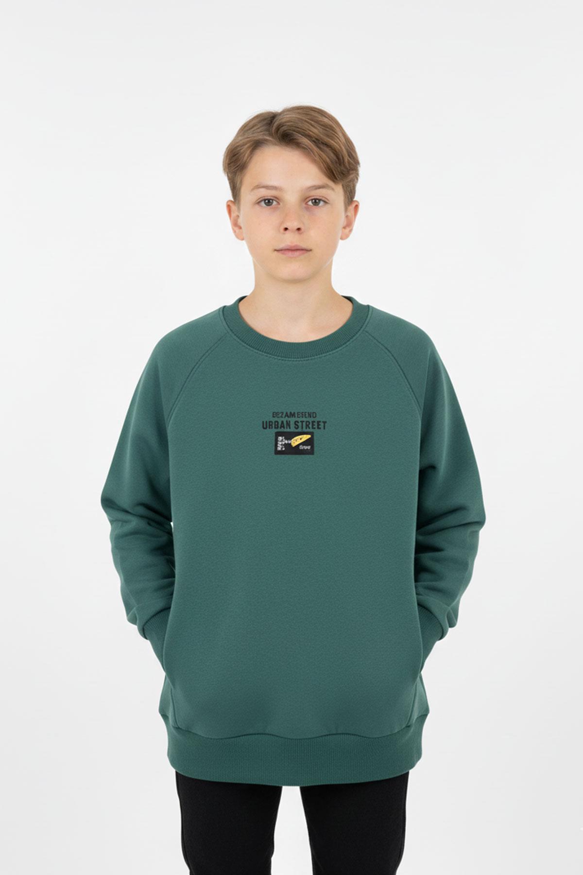 Kanguru Cepli Baskılı Detaylı Erkek Çocuk Sweatshirt