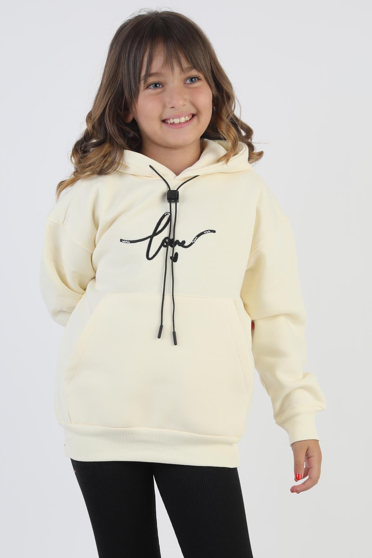 Kapşonlu Love Baskılı Kanguru Cepli Kız Çocuk Sweatshirt