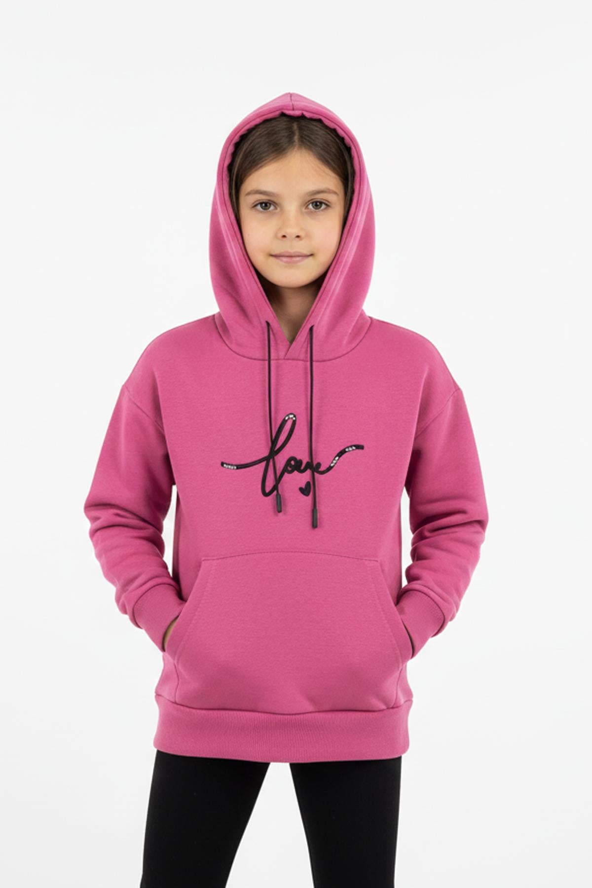 Kapşonlu Love Baskılı Kanguru Cepli Kız Çocuk Sweatshirt