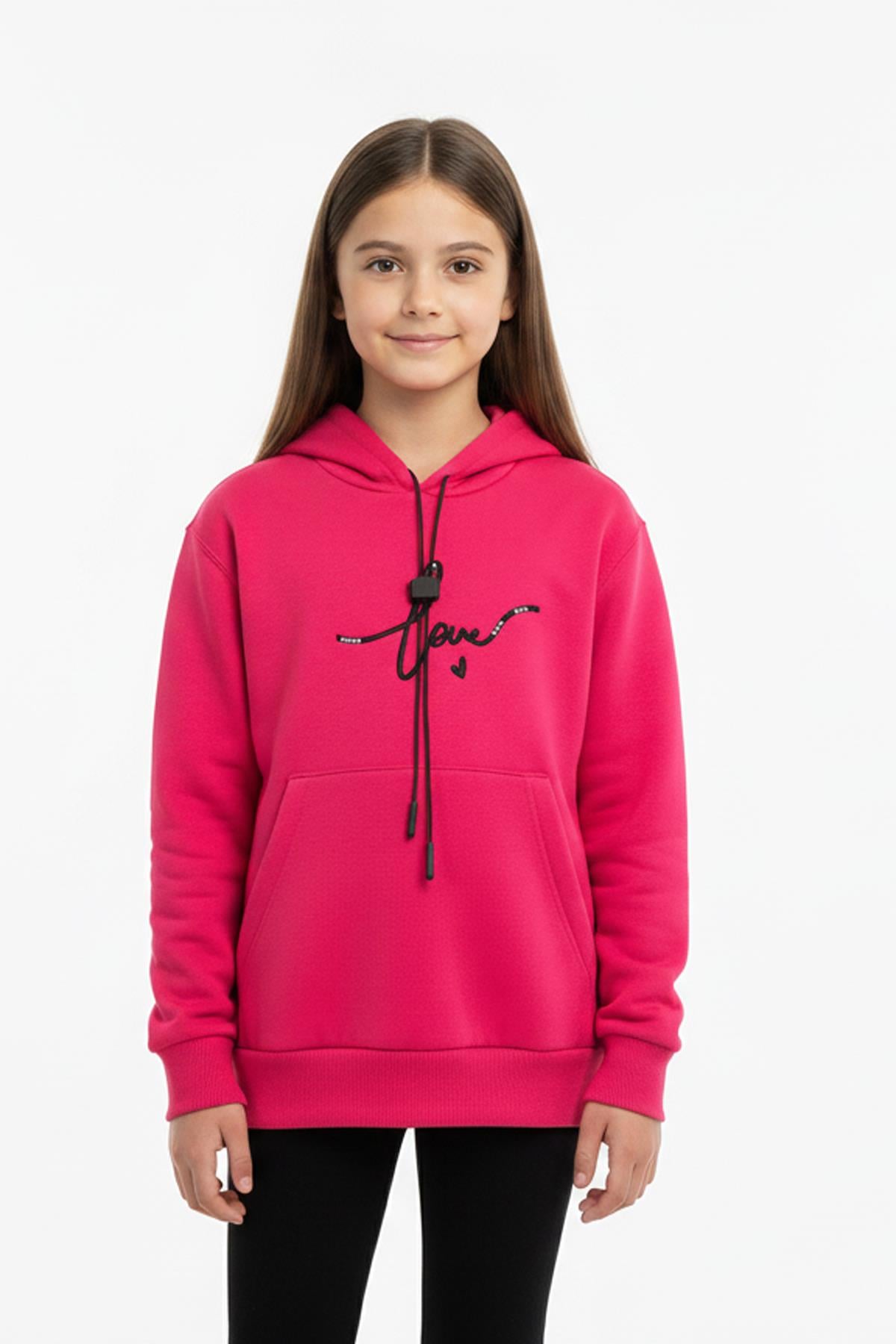 Kapşonlu Love Baskılı Kanguru Cepli Kız Çocuk Sweatshirt