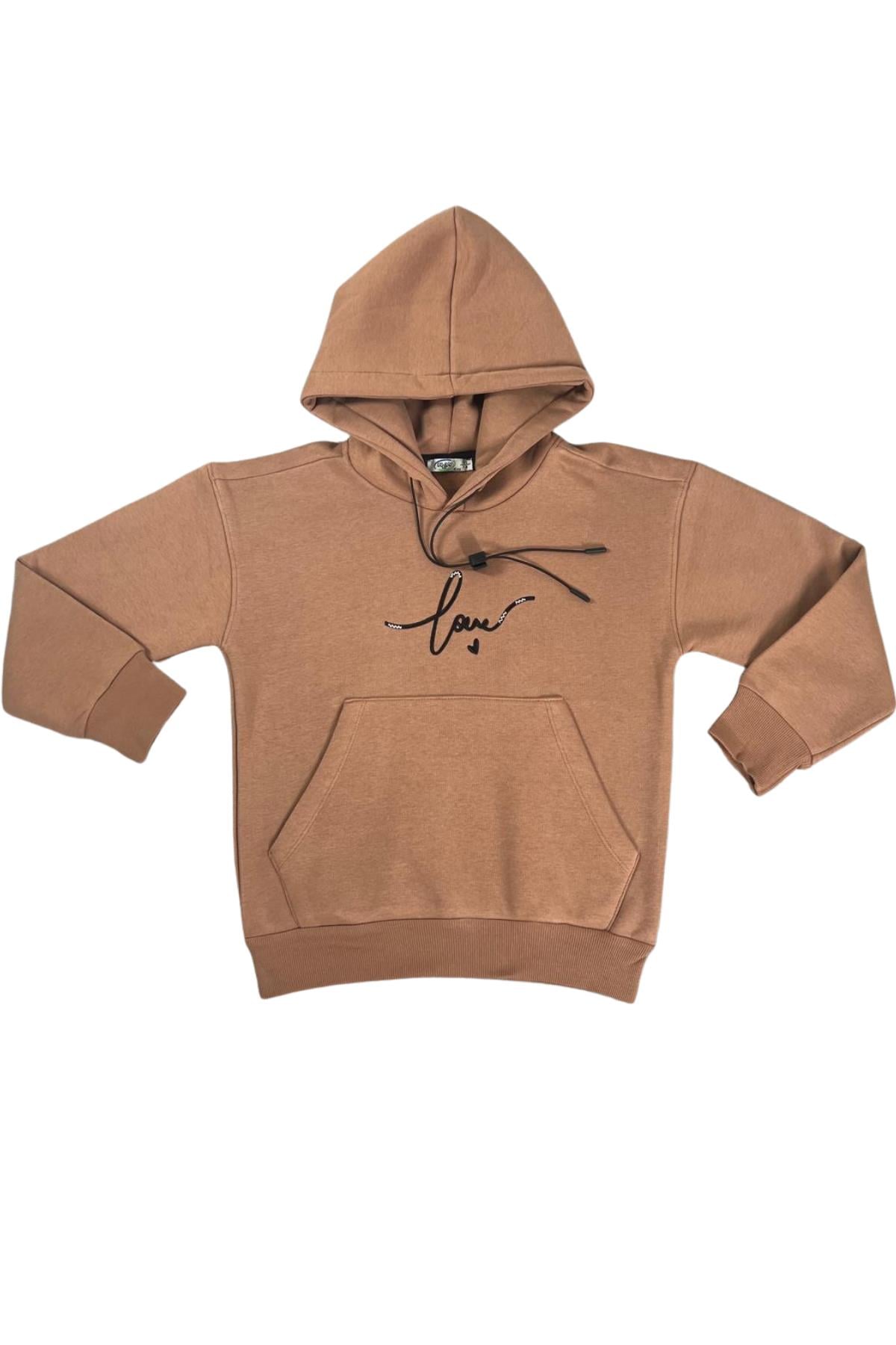 Kapşonlu Love Baskılı Kanguru Cepli Kız Çocuk Sweatshirt