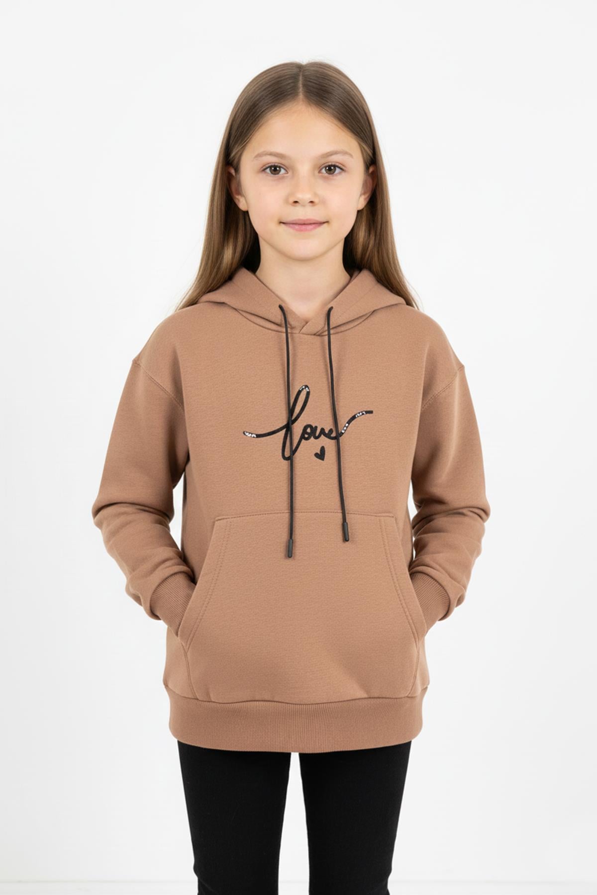 Kapşonlu Love Baskılı Kanguru Cepli Kız Çocuk Sweatshirt