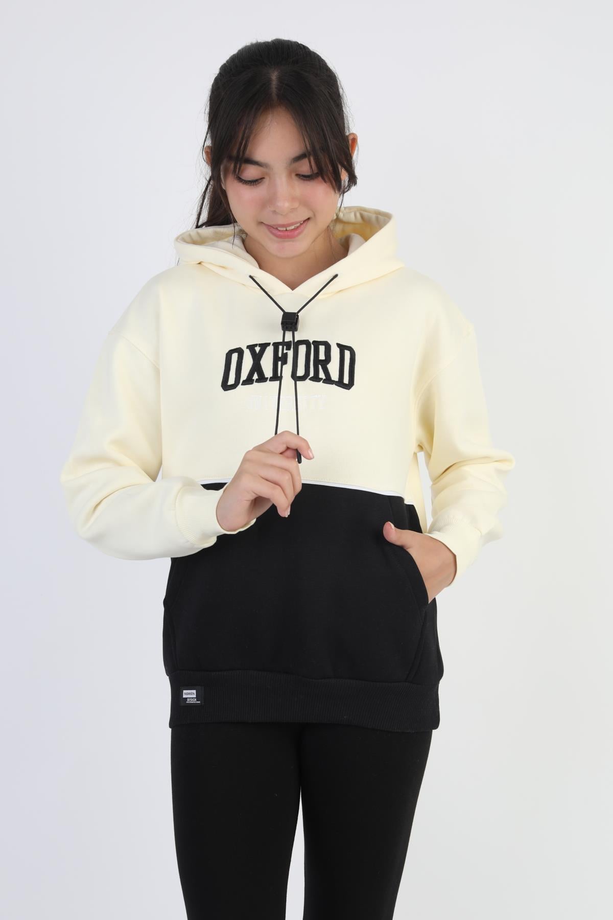 Kapşonlu Oxford Baskılı Kanguru Cepli Kız Çocuk Sweatshirt