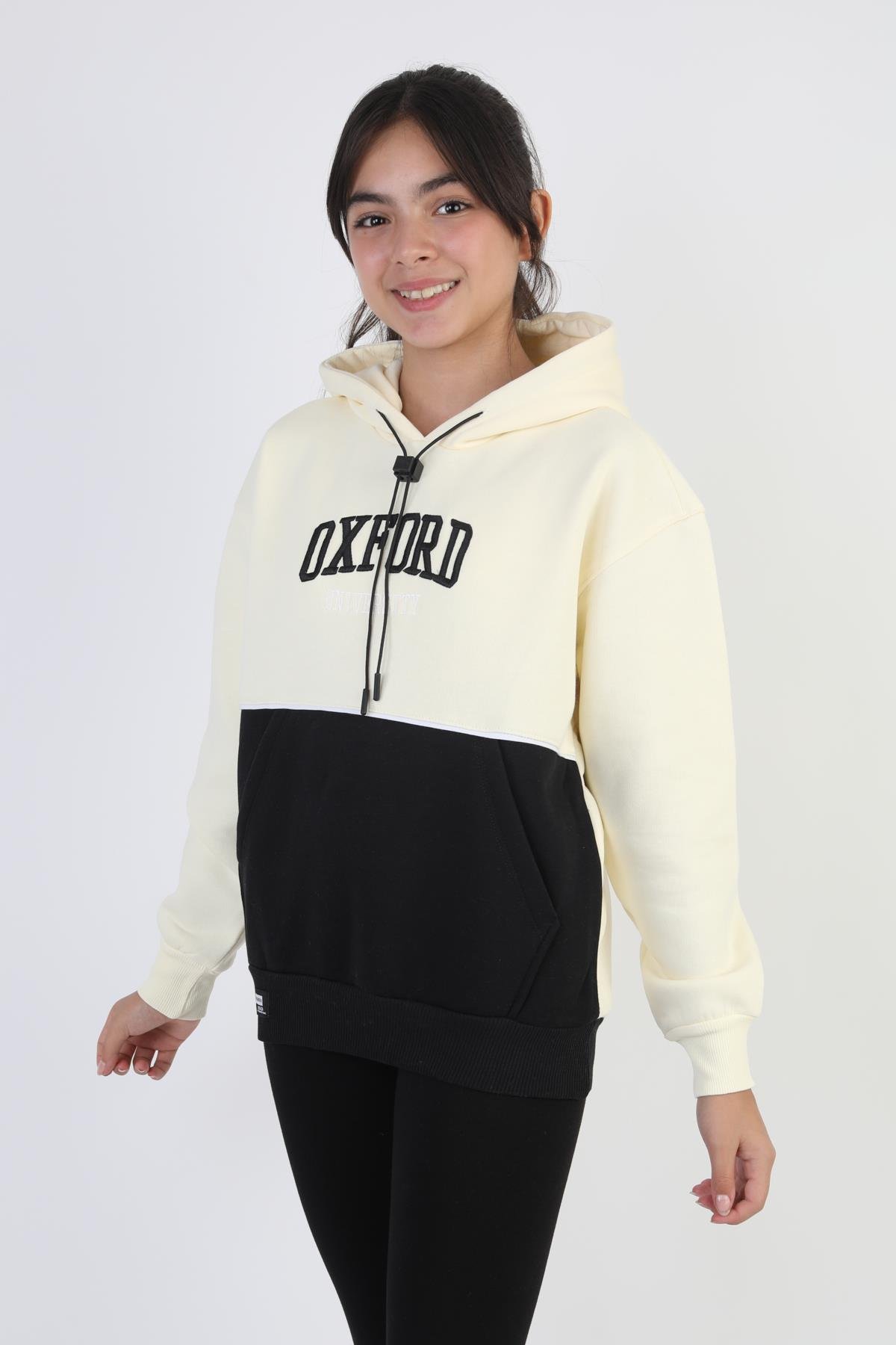 Kapşonlu Oxford Baskılı Kanguru Cepli Kız Çocuk Sweatshirt