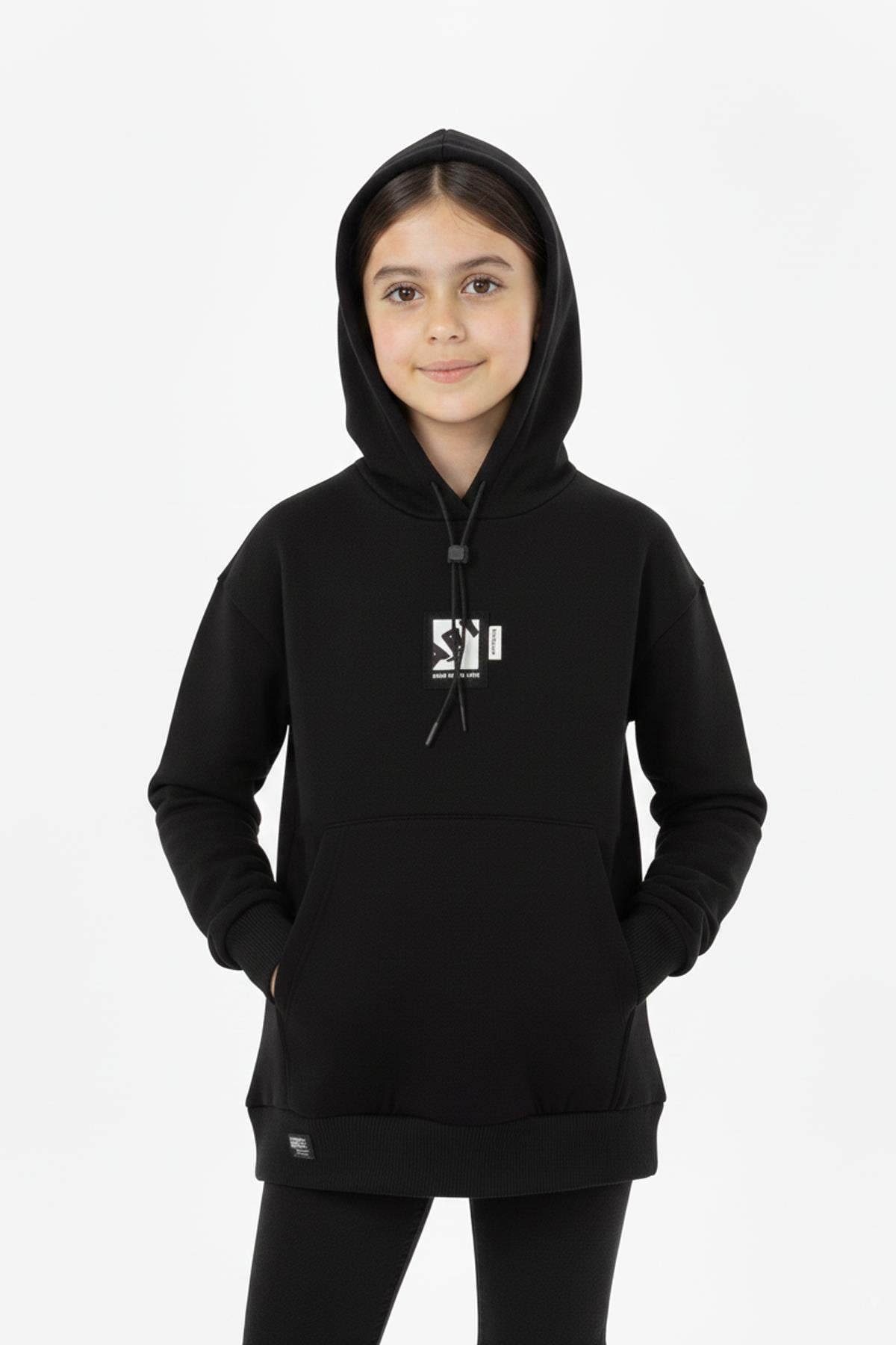 Kapüşonlu Art Baskılı Kanguru Cepli Kız Çocuk Sweatshirt