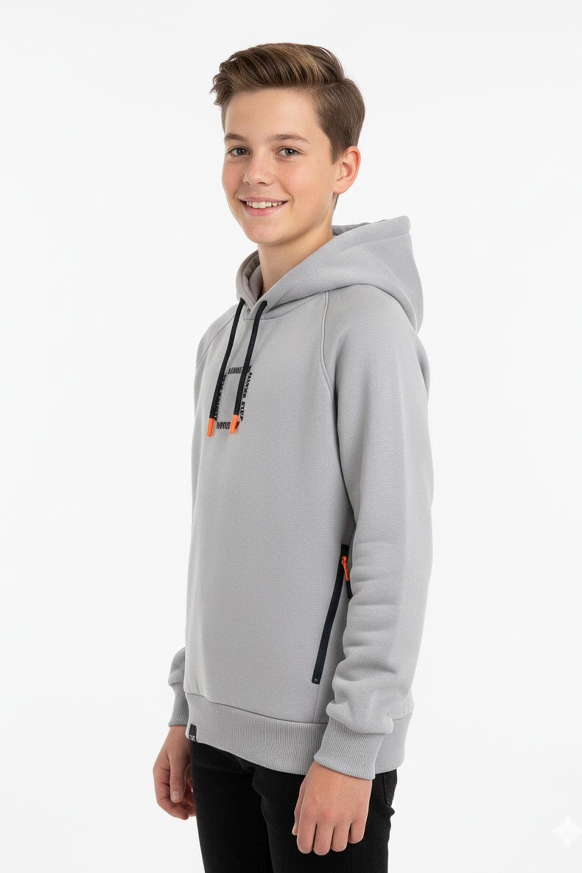 Kapüşonlu Fermuarlı Cepli Erkek Çocuk Sweatshirt