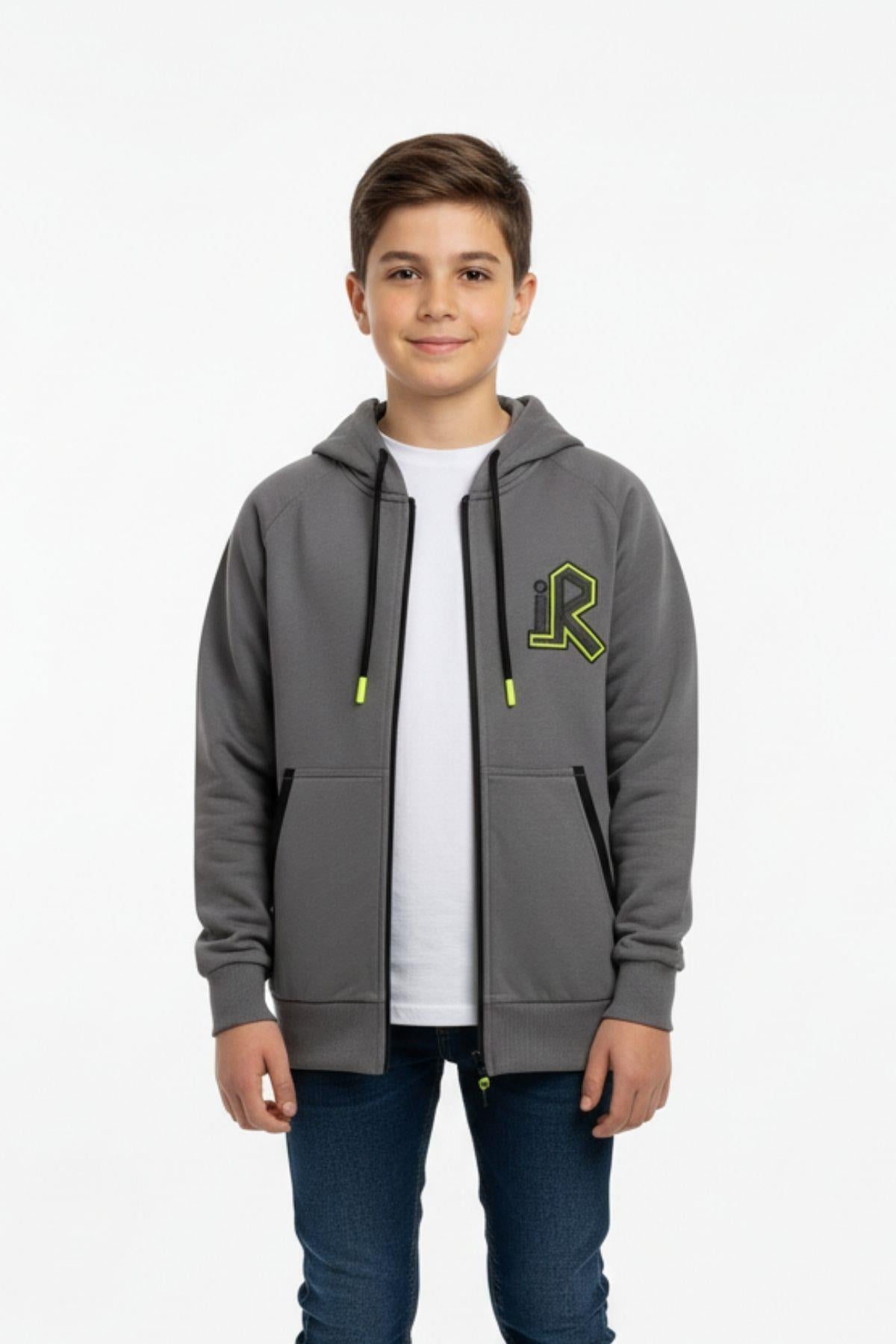 Kapüşonlu Fermuarlı Yandan Cepli Baskılı %100 Pamuk 2 İplik Mevsimlik Erkek Çocuk Sweatshirt