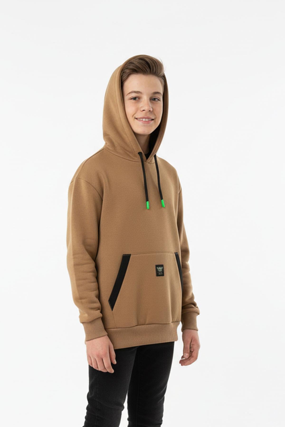 Kapüşonlu Kanguru Cepli Detaylı Şardonlu 100% Pamuk 3 İplik Erkek Çocuk Sweatshirt