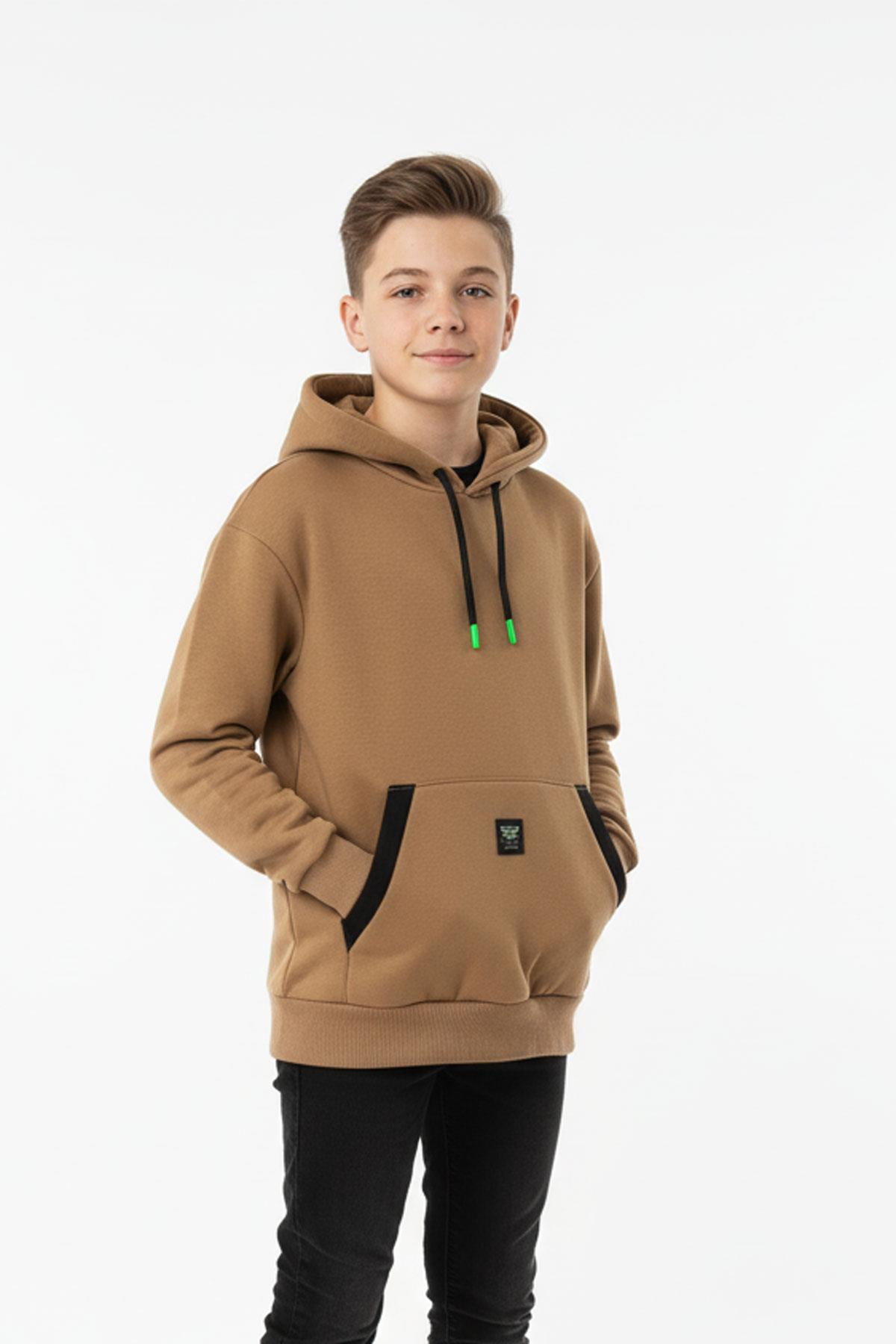Kapüşonlu Kanguru Cepli Detaylı Şardonlu 100% Pamuk 3 İplik Erkek Çocuk Sweatshirt