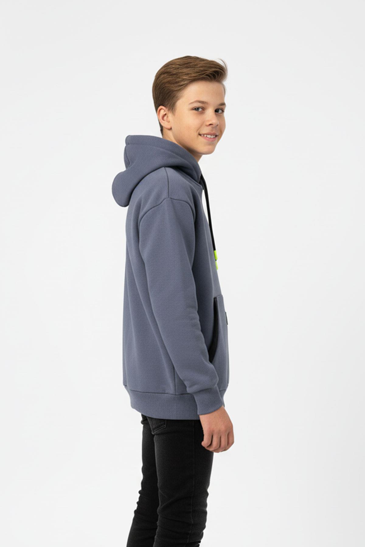 Kapüşonlu Kanguru Cepli Detaylı Şardonlu 100% Pamuk 3 İplik Erkek Çocuk Sweatshirt