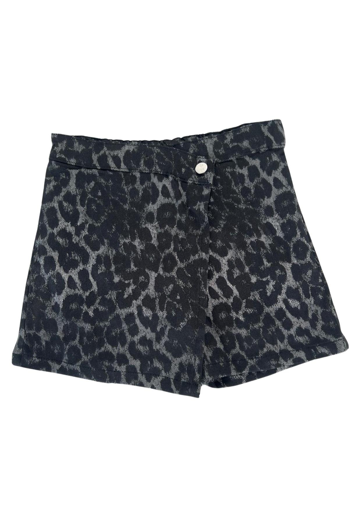 Leopar Baskılı %100 Pamuk Kız Çocuk Kot Şort Etek