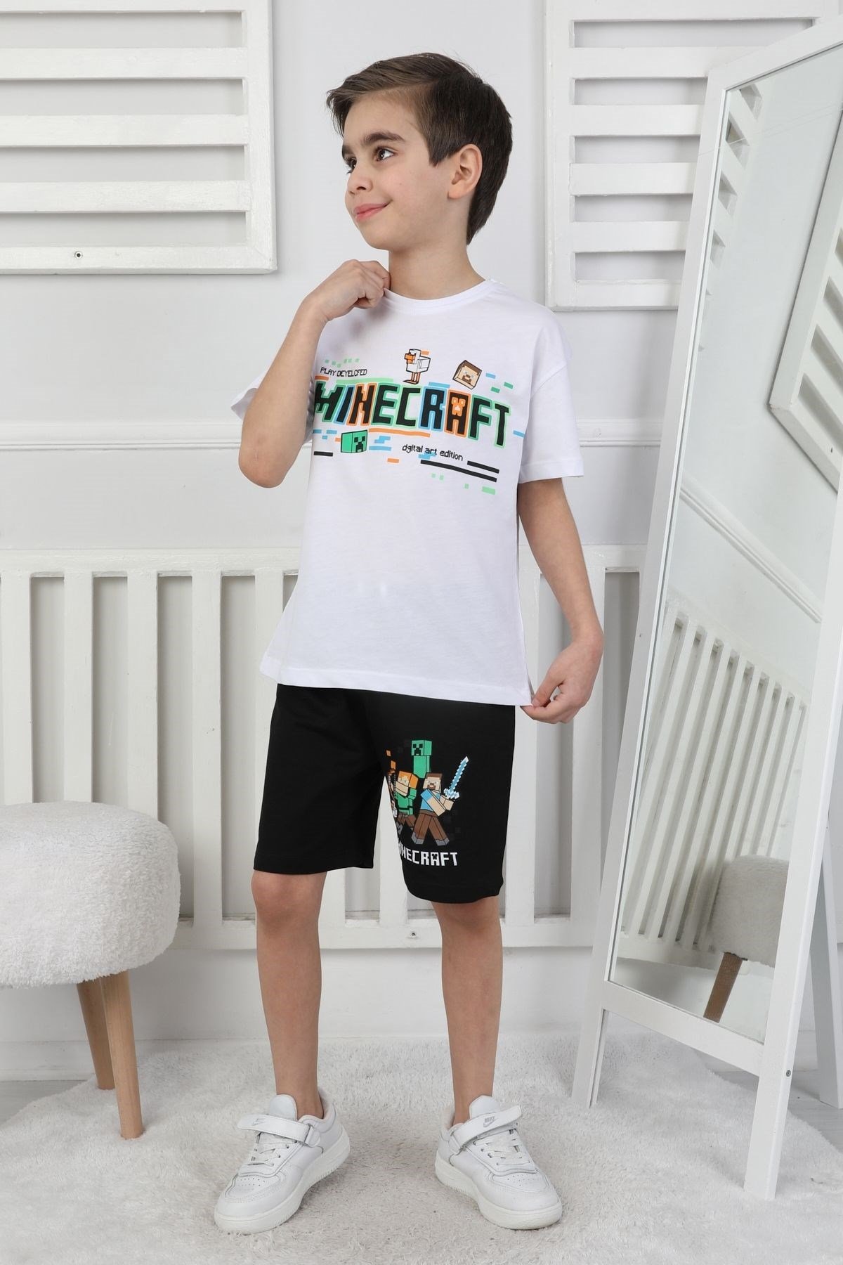 Minecraft Baskı Erkek Çocuk Şortlu Takım