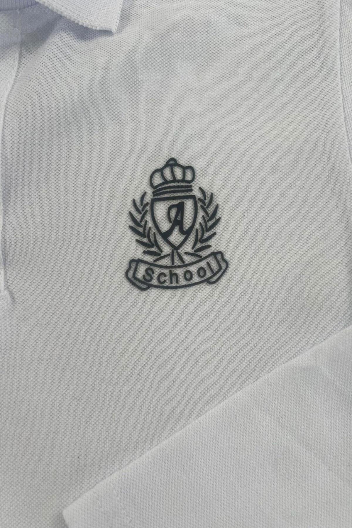 Nakışlı Basic Polo Yaka Beyaz Erkek Çocuk Sweatshirt