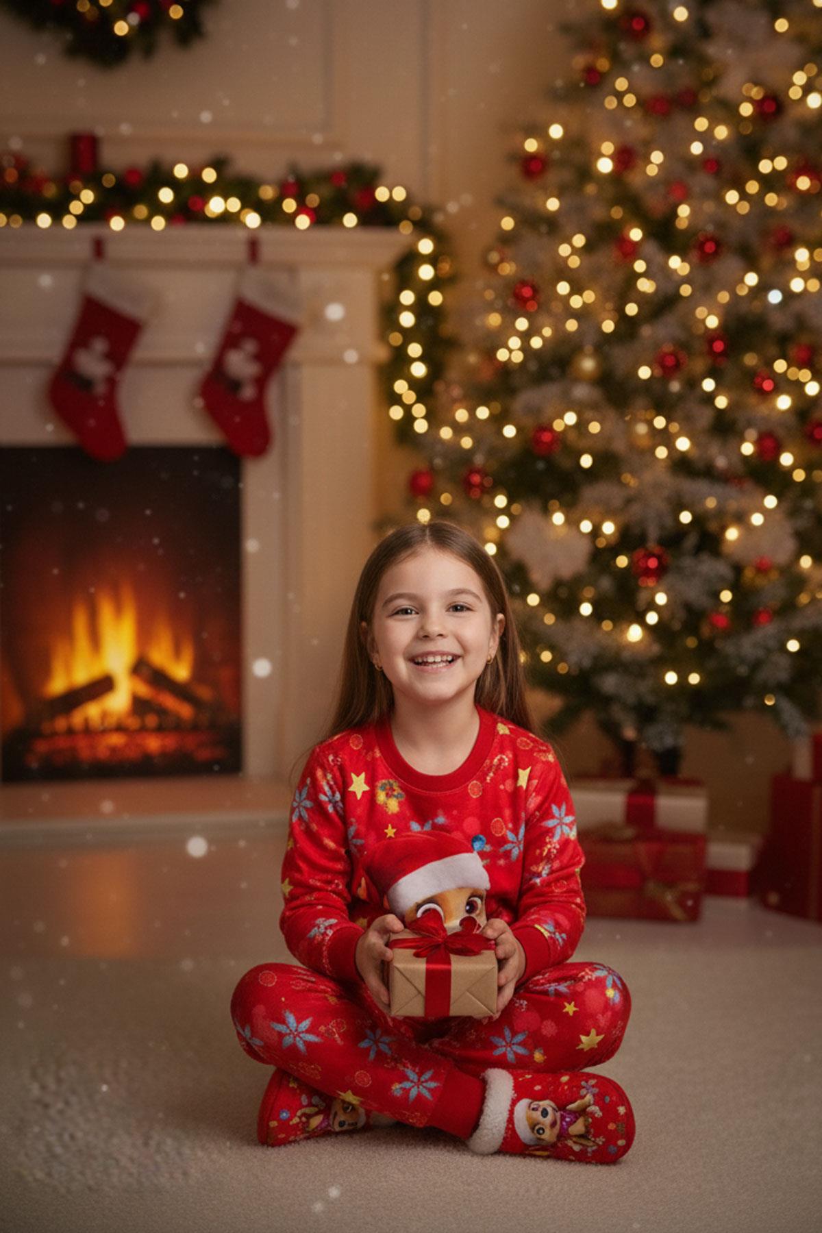 Noel Baba Şapkalı Karakter Baskılı Kırmızı Kız Çocuk Yılbaşı Takımı