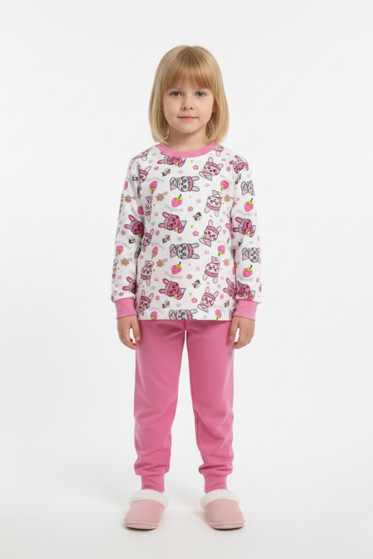 Tavşan Desenli Uzun Kollu Mevsimlik Pamuk Kız Çocuk Pijama Takımı