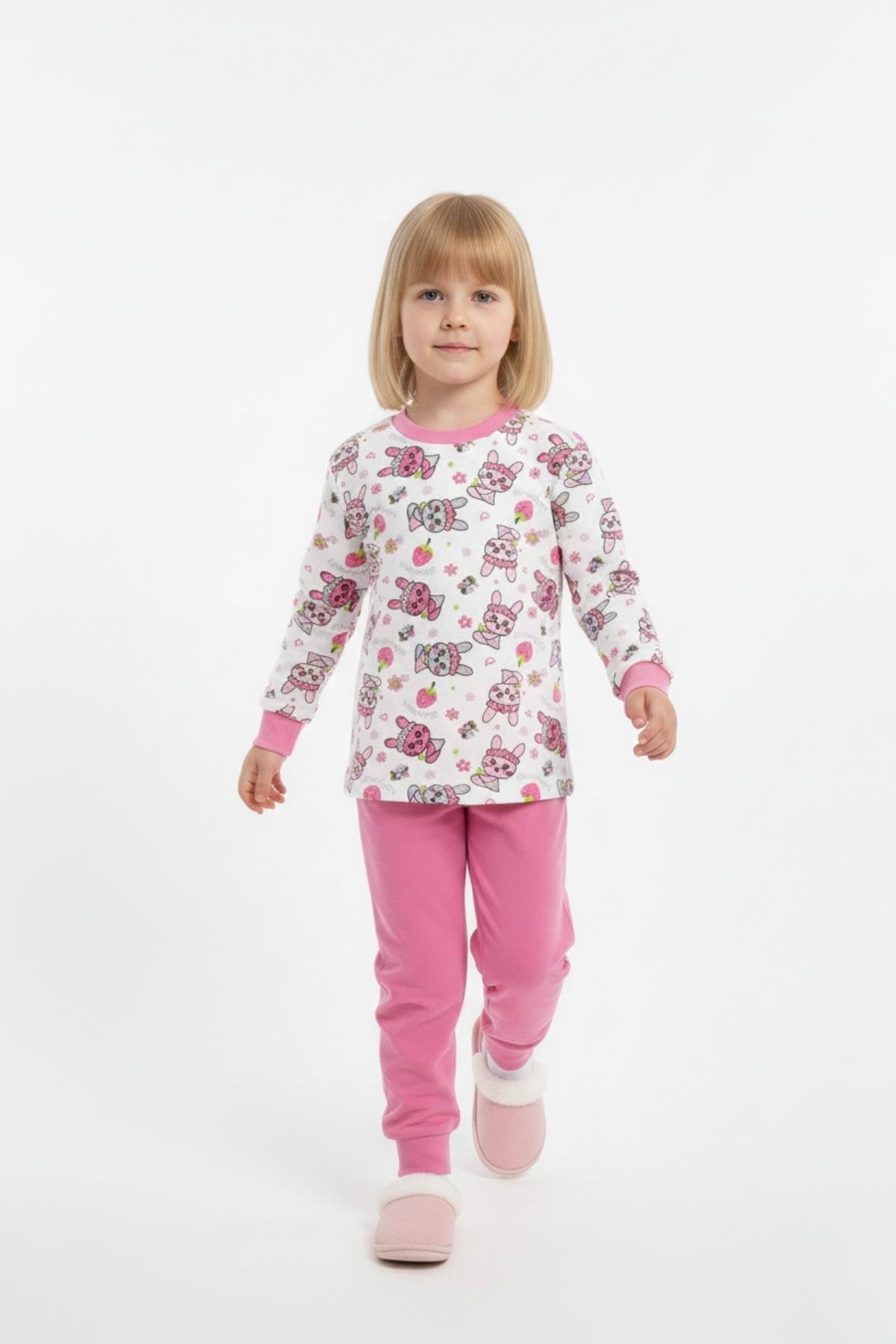 Tavşan Desenli Uzun Kollu Mevsimlik Pamuk Kız Çocuk Pijama Takımı