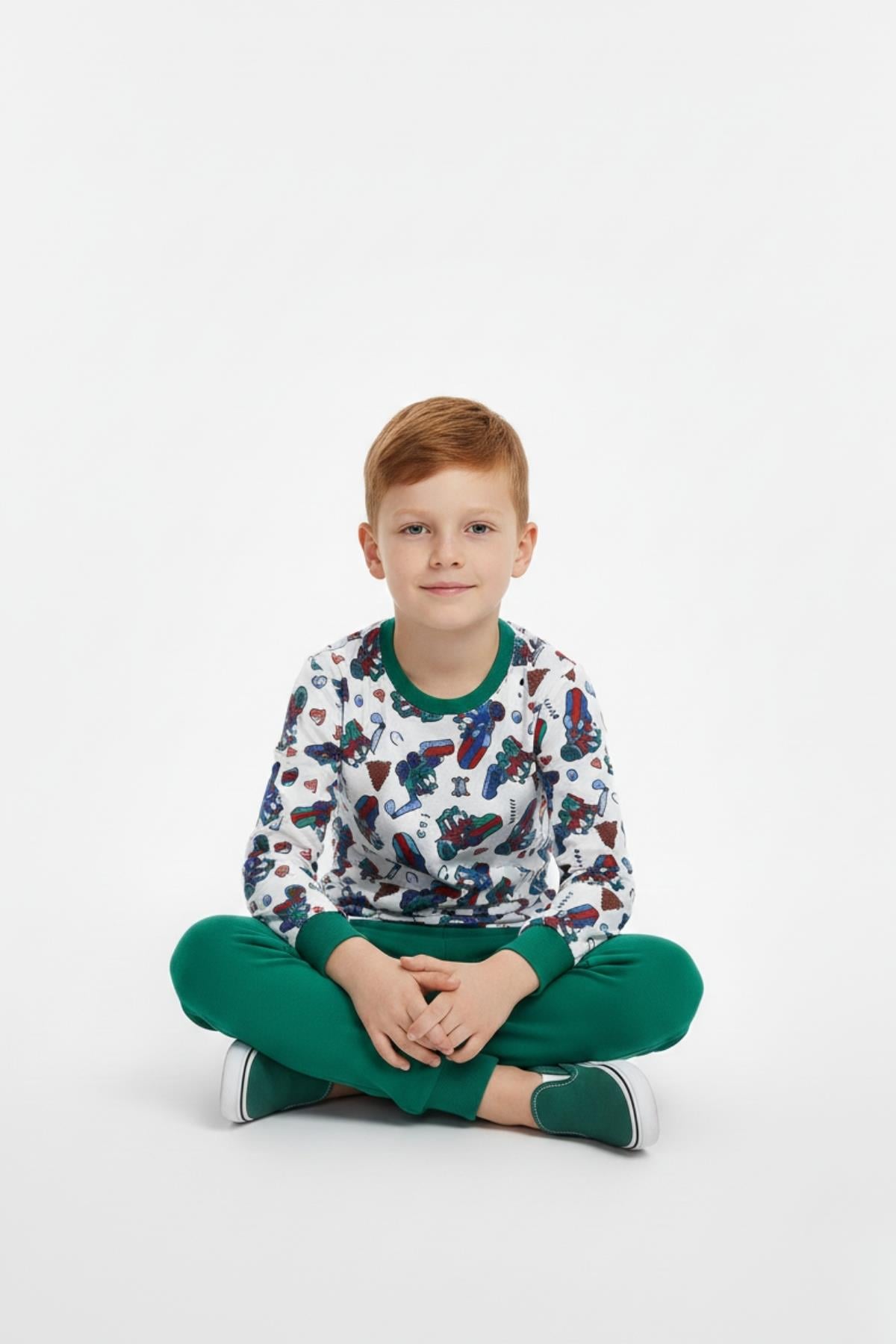 Traktör ve İş Makinesi Desenli Uzun Kollu Mevsimlik Erkek Çocuk Pamuk Pijama Takımı