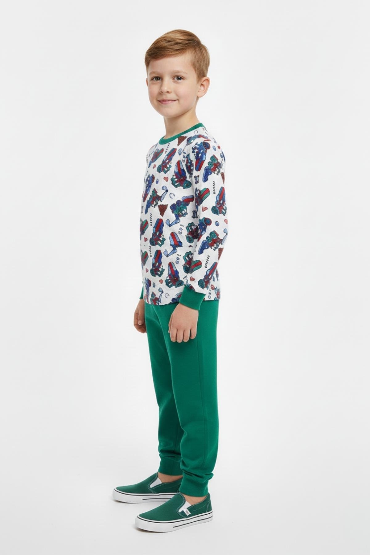 Traktör ve İş Makinesi Desenli Uzun Kollu Mevsimlik Erkek Çocuk Pamuk Pijama Takımı