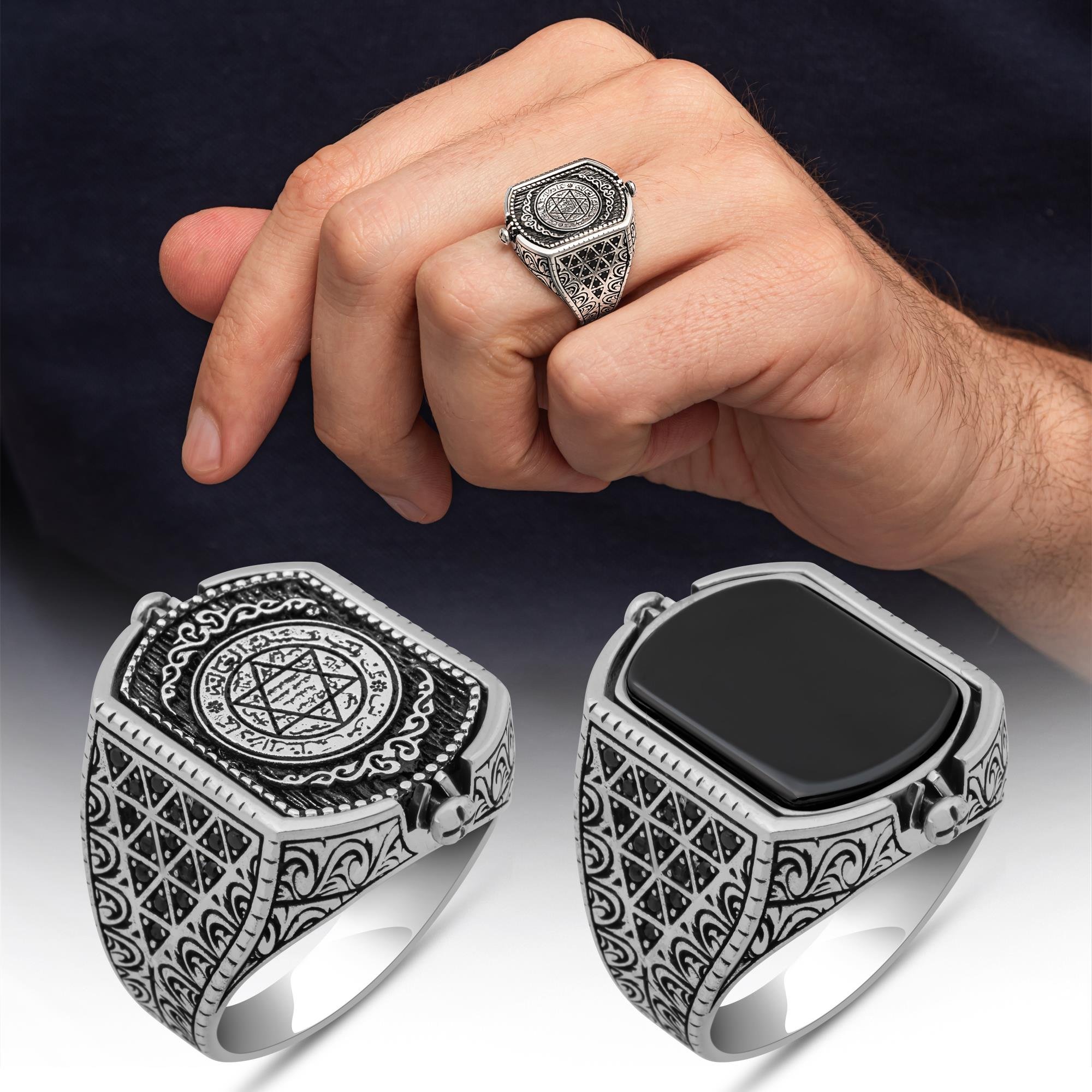 Hz. Süleyman Mührü Çift Taraflı 925 Erkek Gümüş Yüzük