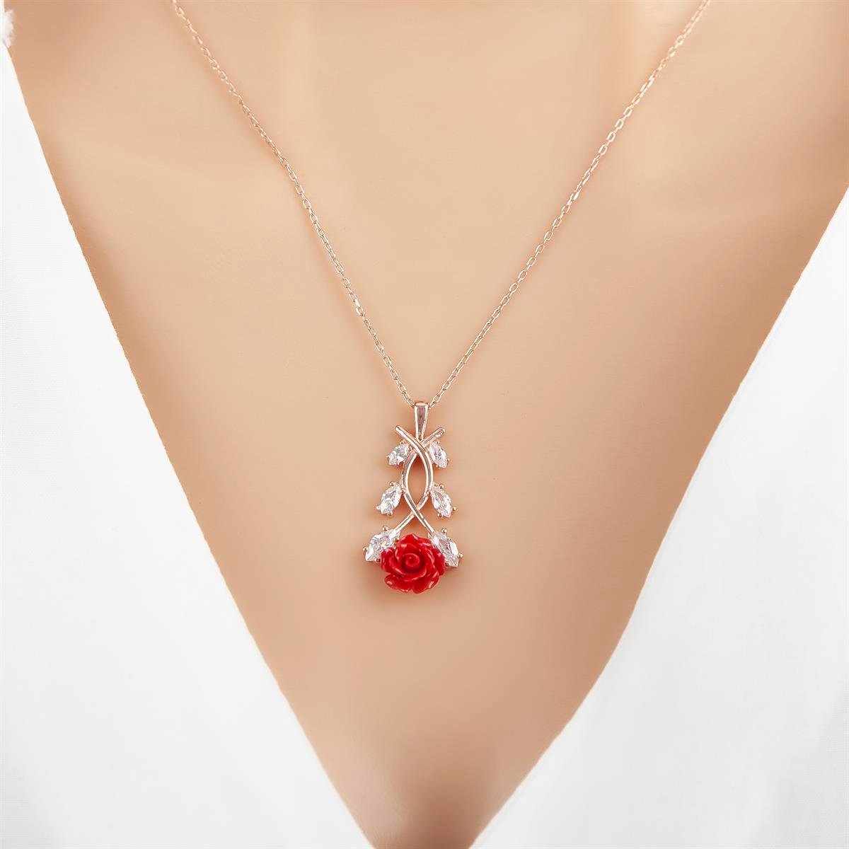 Kırmızı Gül Desenli Rose Kaplama 925 Gümüş Kadın Kolye