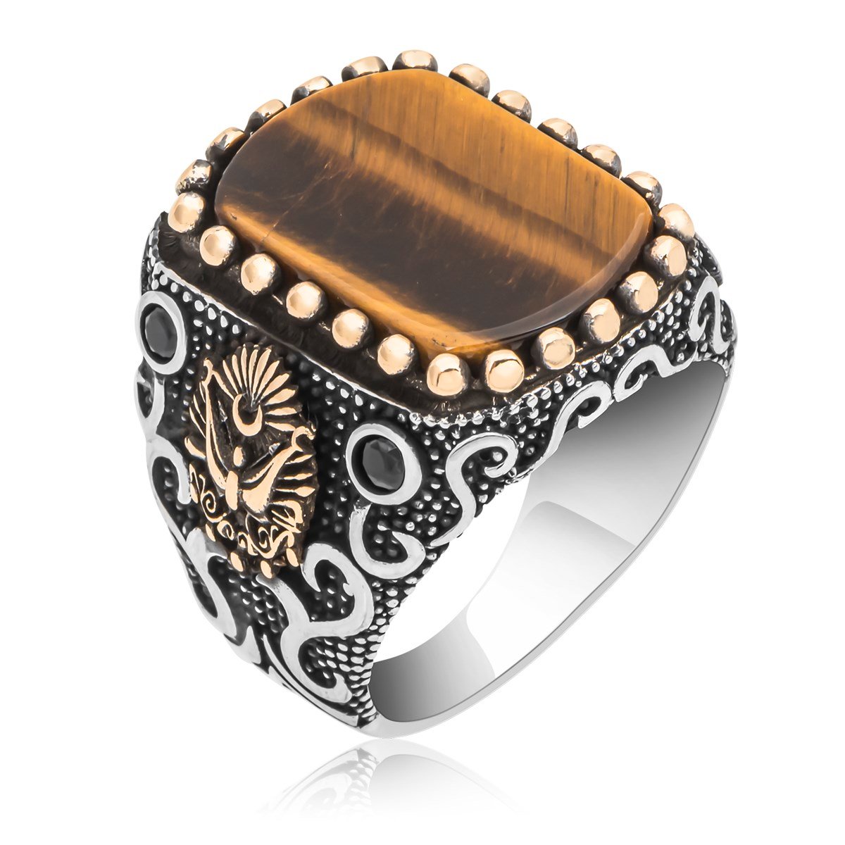 Osmanlı Devleti Armalı Kaplan Gözü Taşlı 925 Gümüş Erkek Yüzük