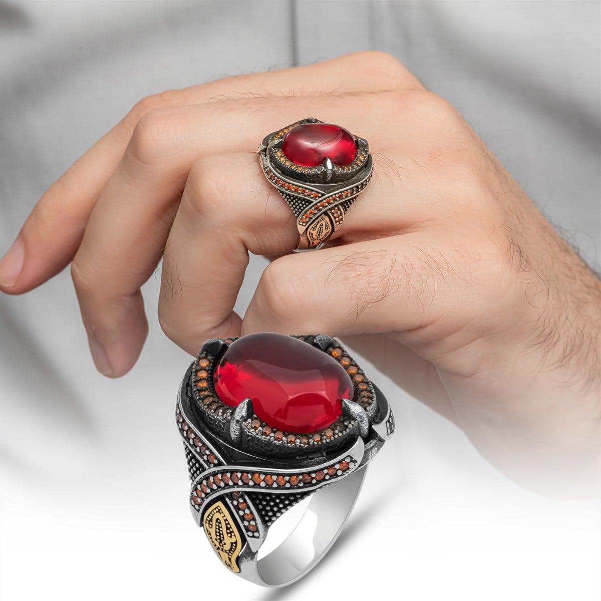 Oval Kırmızı Lal Taşlı 925 Gümüş Erkek Yüzük