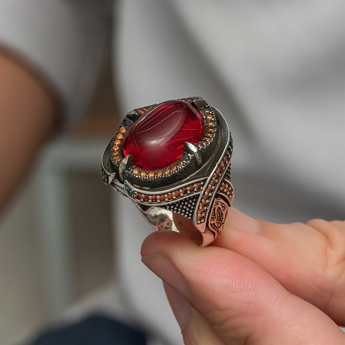 Oval Kırmızı Lal Taşlı 925 Gümüş Erkek Yüzük
