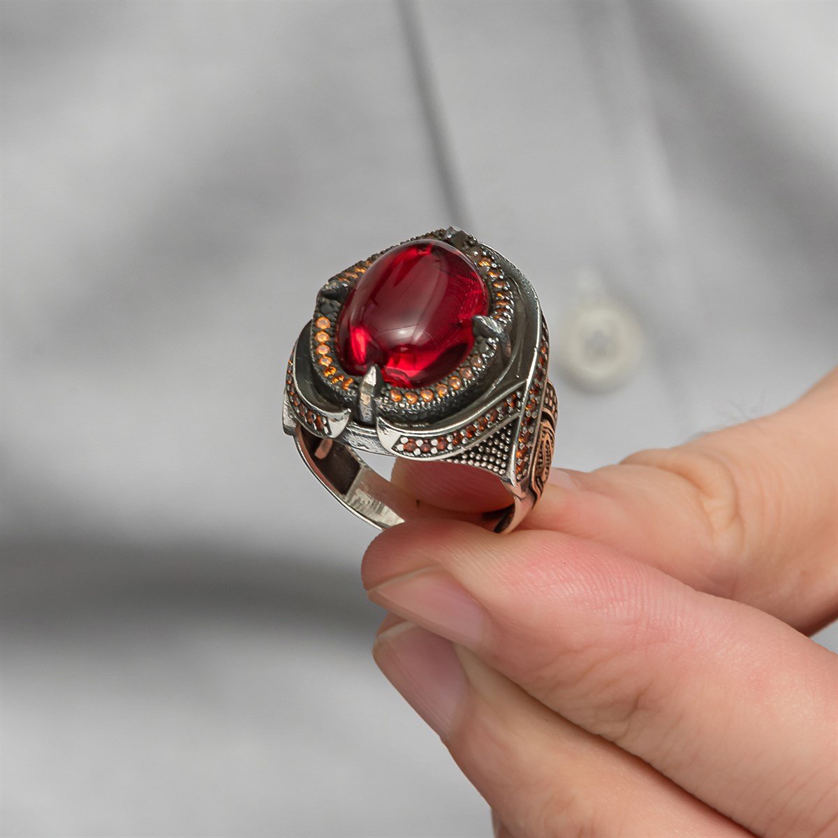 Oval Kırmızı Lal Taşlı 925 Gümüş Erkek Yüzük