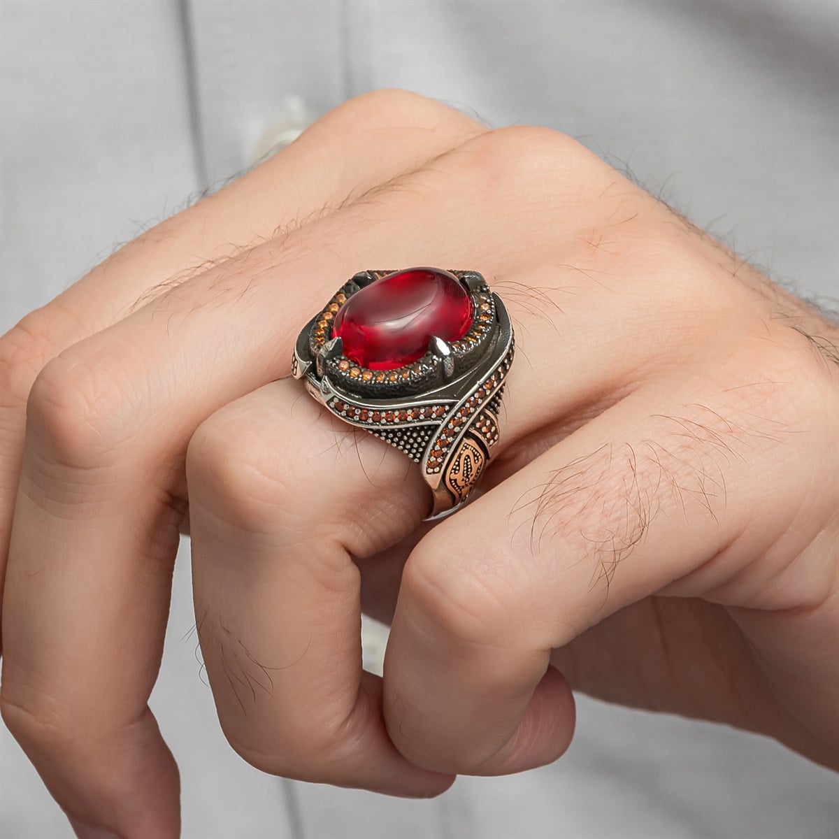 Oval Kırmızı Lal Taşlı 925 Gümüş Erkek Yüzük
