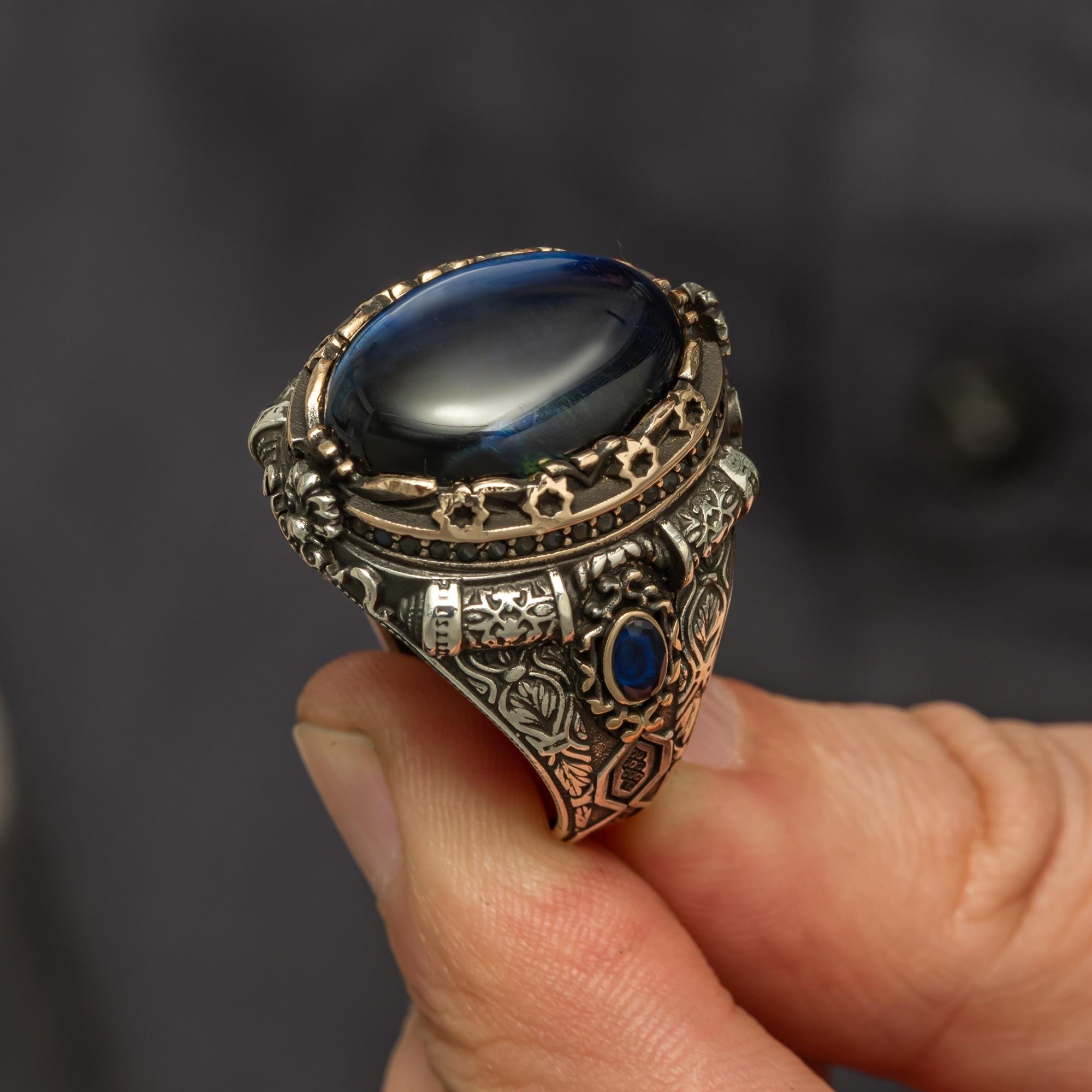 Oval Mavi Kaplan Gözü Taşlı 925 Gümüş Yüzük