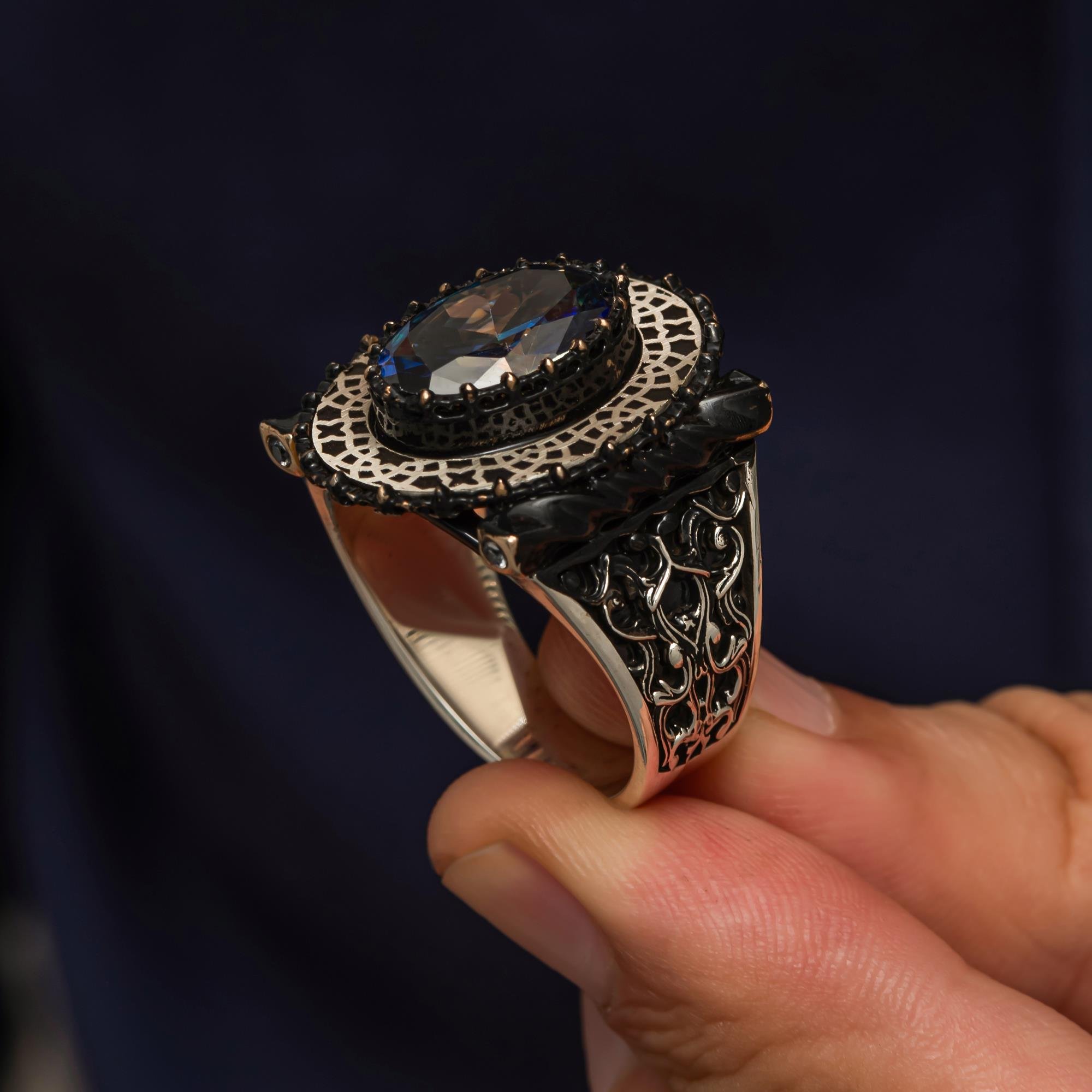 Oval Mistik Topaz Taşlı 925 Gümüş Erkek Yüzük