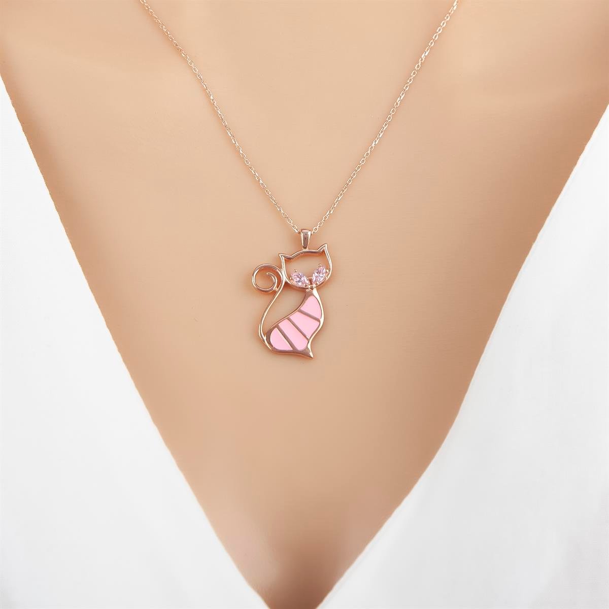Pembe Kedi Modeli Rodyum Kaplama 925 Gümüş Kadın Kolye