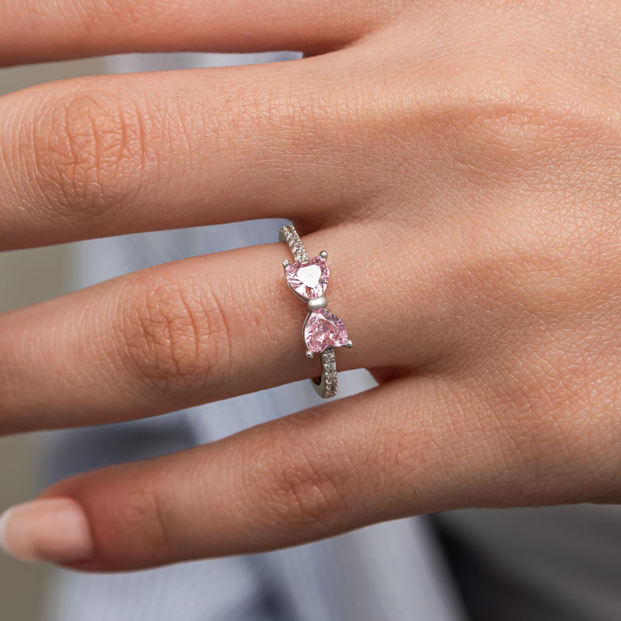 Pembe Taşlı Kalpli 925 Gümüş Yüzük Kadın