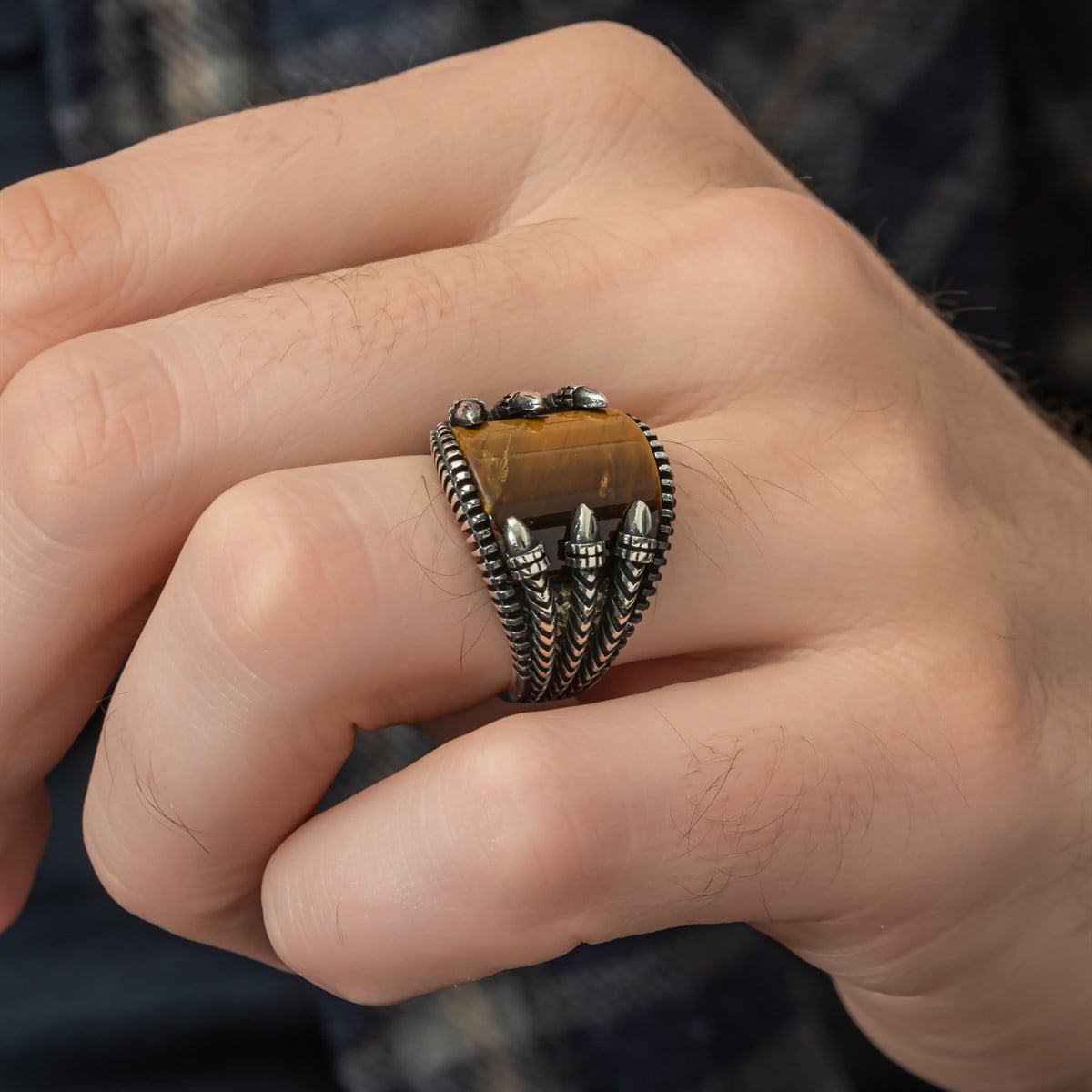 Pençeli Model Kaplan Gözü Taşlı 925 Gümüş Erkek Yüzük