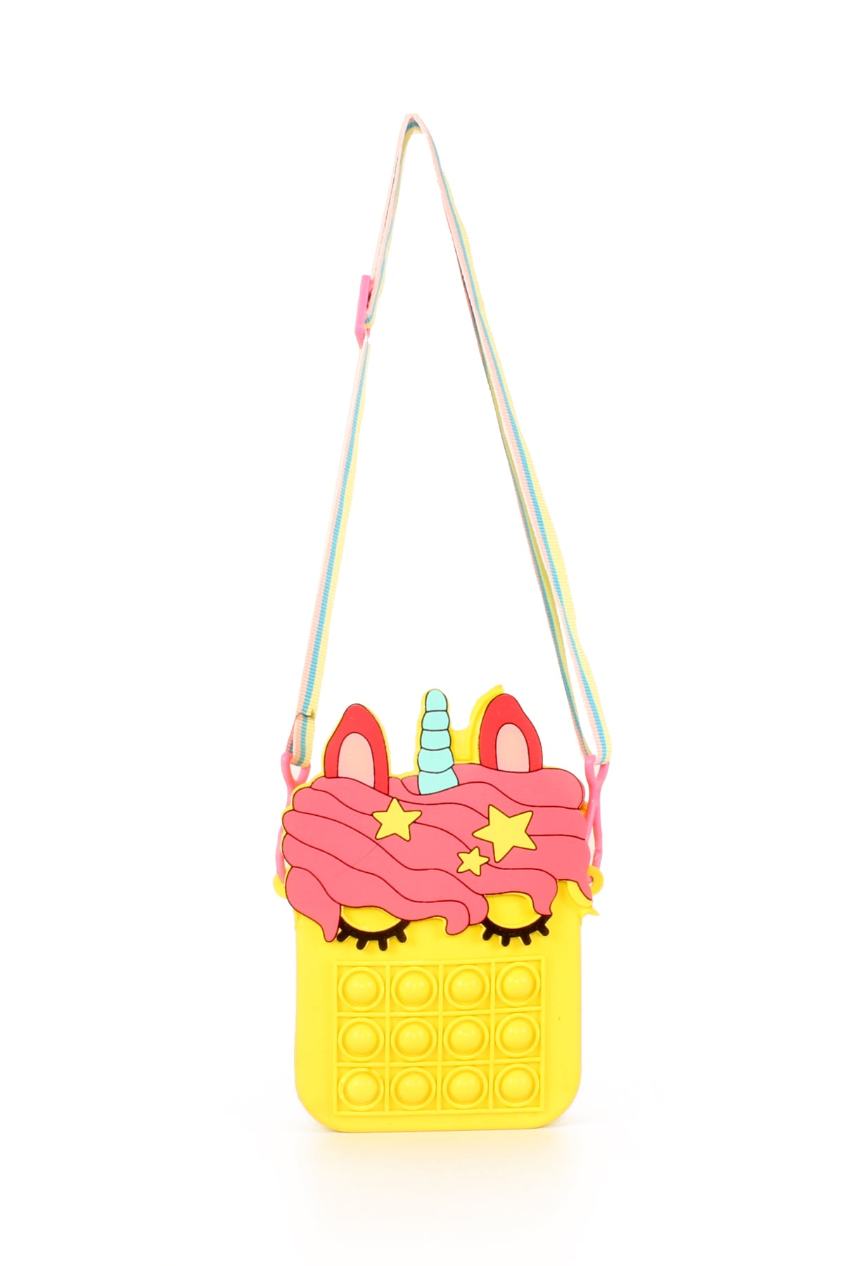 LWE60663-SarıTalhaLuwwe Bag'sÇocuk Unicorn Şeklinde Pop It Push Bubble Fidget Popit Eğitici Oyuncak Ayarlanabilir Askılı Omuz Çantası 10x14cm (60663)