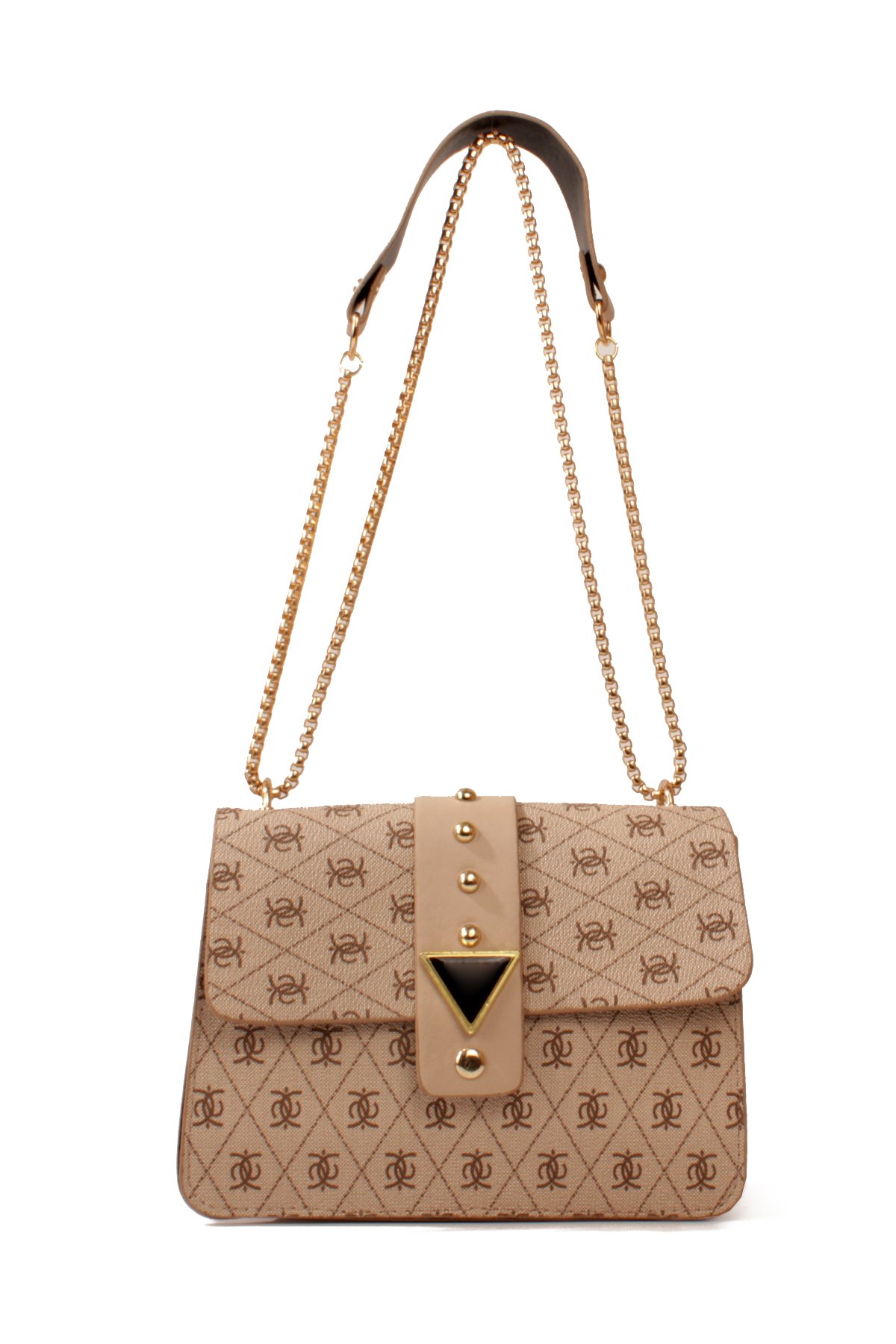 LWE10821-SyhTalhaLuwwe Bag'sKadın Desenli Deri Kalın Zincir Askılı Puantiyeli Kemer Detaylı Kapaklı Kapama Omuz Çantası (10821)