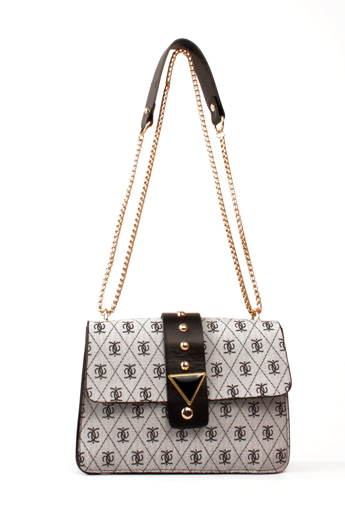 LWE10821-SyhTalhaLuwwe Bag'sKadın Desenli Deri Kalın Zincir Askılı Puantiyeli Kemer Detaylı Kapaklı Kapama Omuz Çantası (10821)