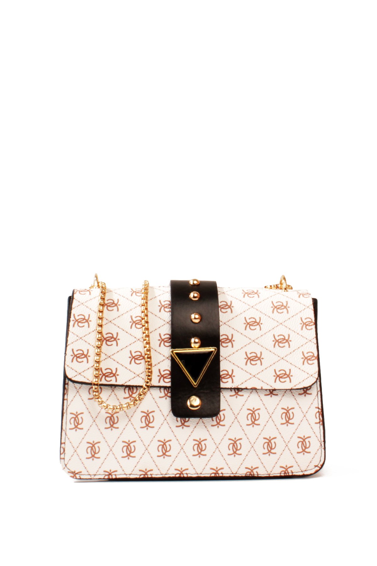 LWE10821-SyhTalhaLuwwe Bag'sKadın Desenli Deri Kalın Zincir Askılı Puantiyeli Kemer Detaylı Kapaklı Kapama Omuz Çantası (10821)