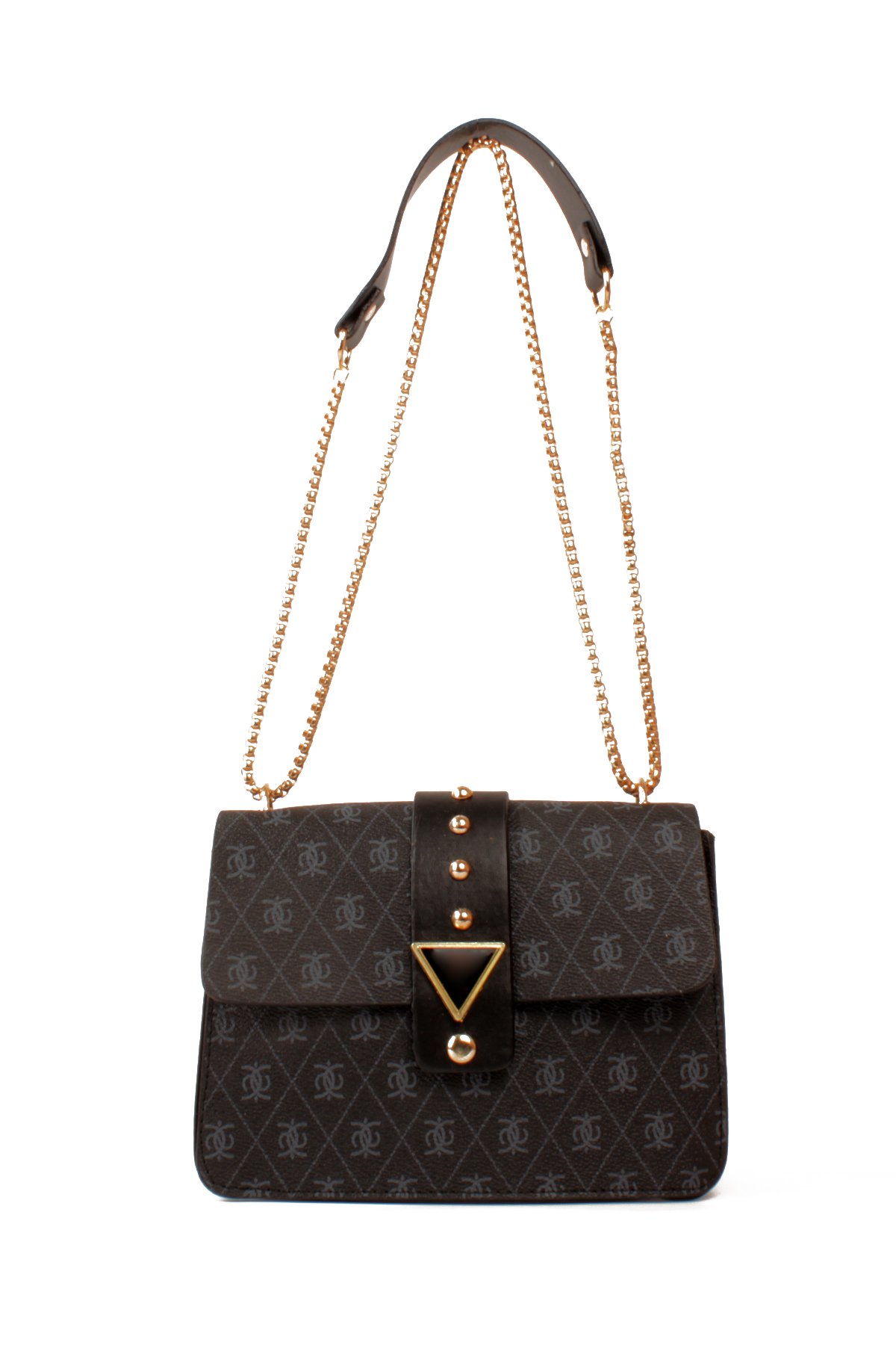 LWE10821-SyhTalhaLuwwe Bag'sKadın Desenli Deri Kalın Zincir Askılı Puantiyeli Kemer Detaylı Kapaklı Kapama Omuz Çantası (10821)