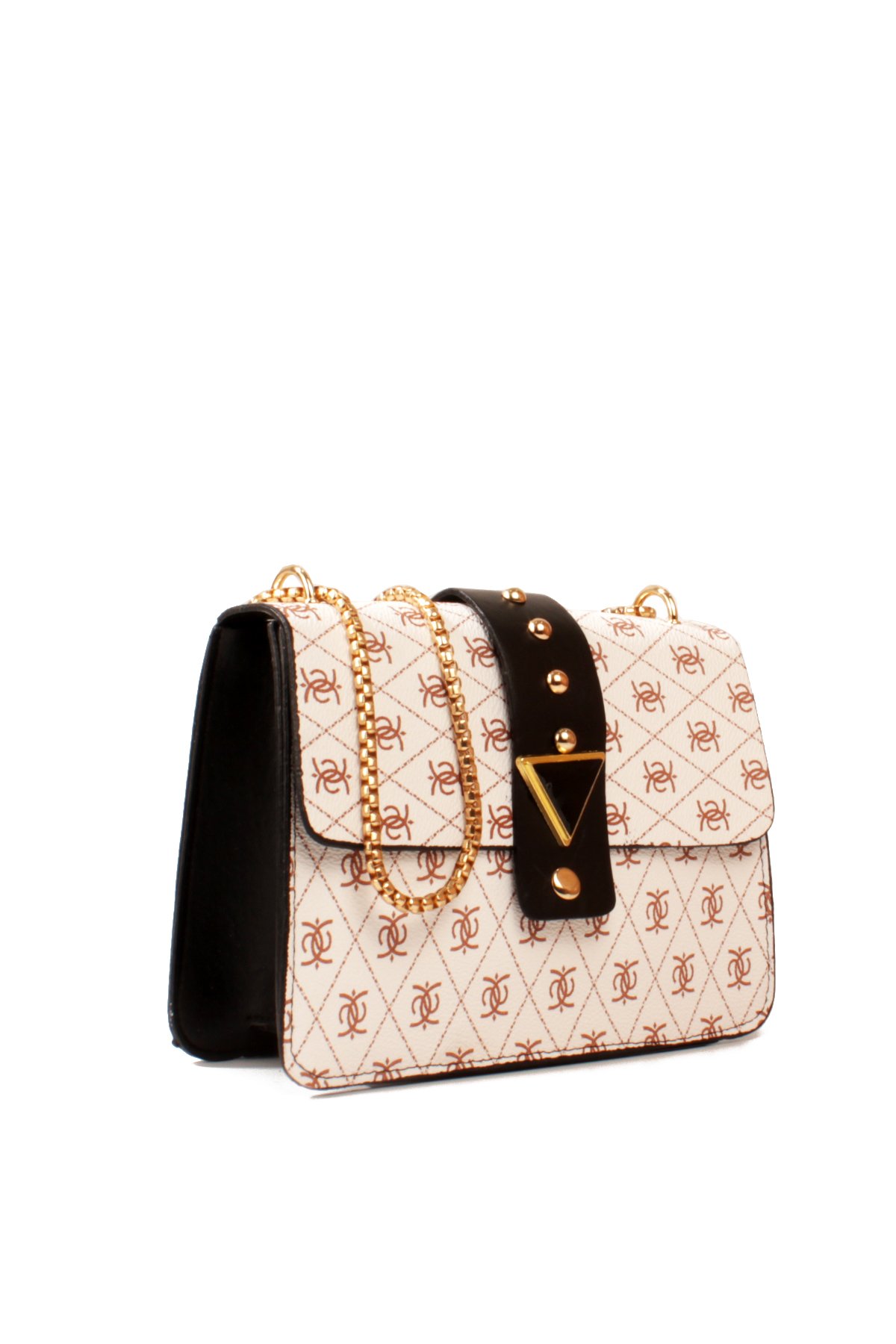 LWE10821-SyhTalhaLuwwe Bag'sKadın Desenli Deri Kalın Zincir Askılı Puantiyeli Kemer Detaylı Kapaklı Kapama Omuz Çantası (10821)