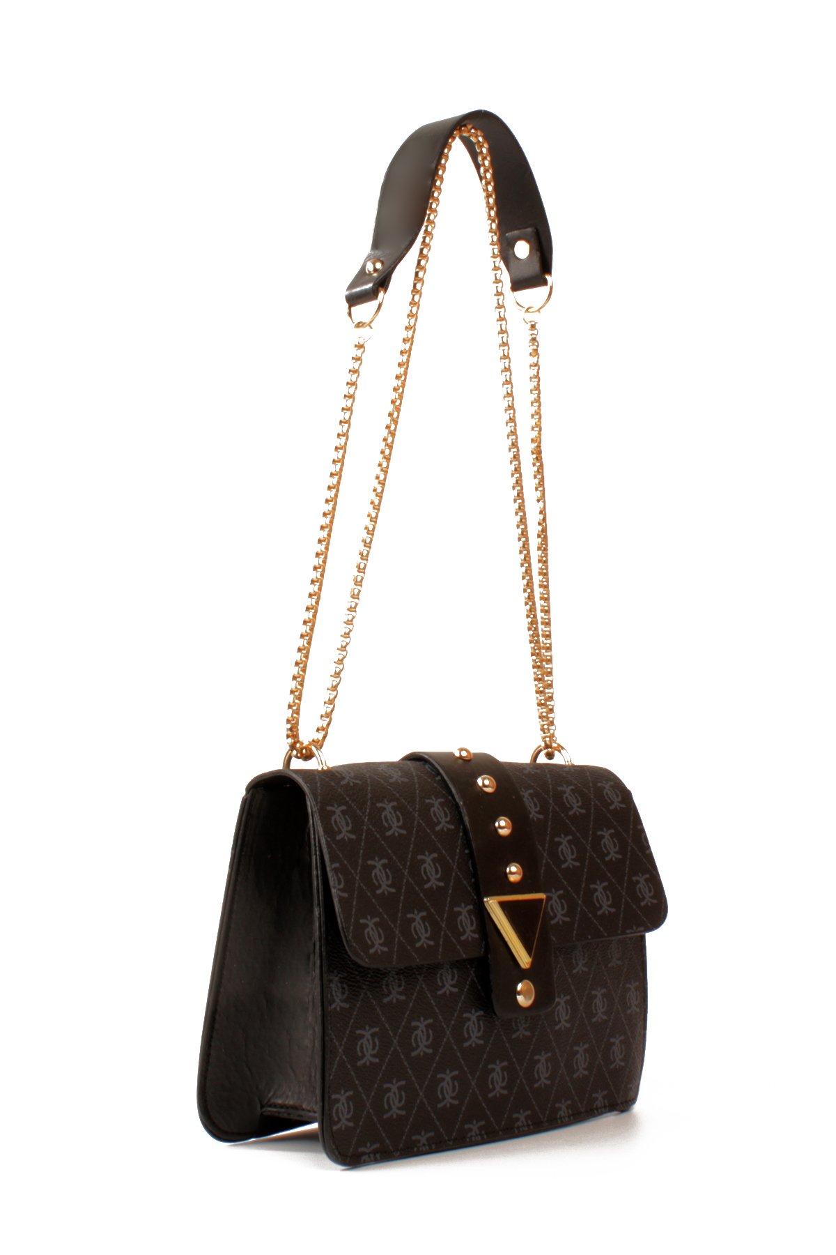 LWE10821-SyhTalhaLuwwe Bag'sKadın Desenli Deri Kalın Zincir Askılı Puantiyeli Kemer Detaylı Kapaklı Kapama Omuz Çantası (10821)