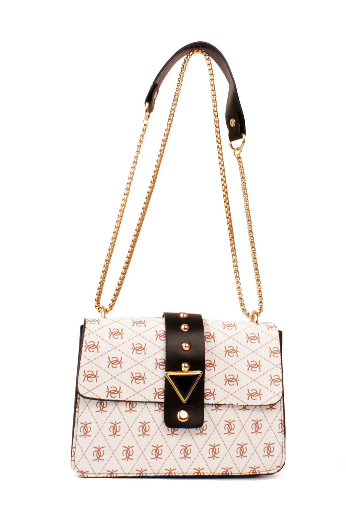 LWE10821-SyhTalhaLuwwe Bag'sKadın Desenli Deri Kalın Zincir Askılı Puantiyeli Kemer Detaylı Kapaklı Kapama Omuz Çantası (10821)