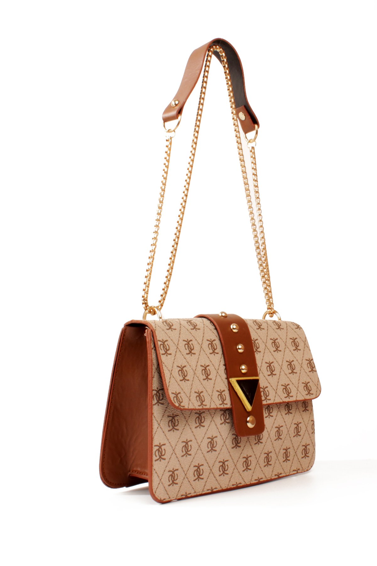 LWE10821-SyhTalhaLuwwe Bag'sKadın Desenli Deri Kalın Zincir Askılı Puantiyeli Kemer Detaylı Kapaklı Kapama Omuz Çantası (10821)