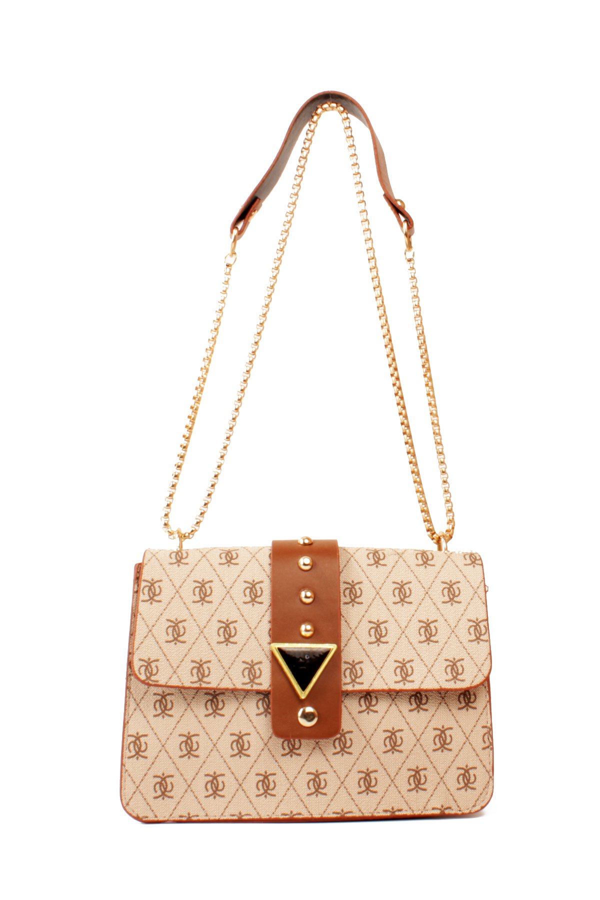 LWE10821-SyhTalhaLuwwe Bag'sKadın Desenli Deri Kalın Zincir Askılı Puantiyeli Kemer Detaylı Kapaklı Kapama Omuz Çantası (10821)