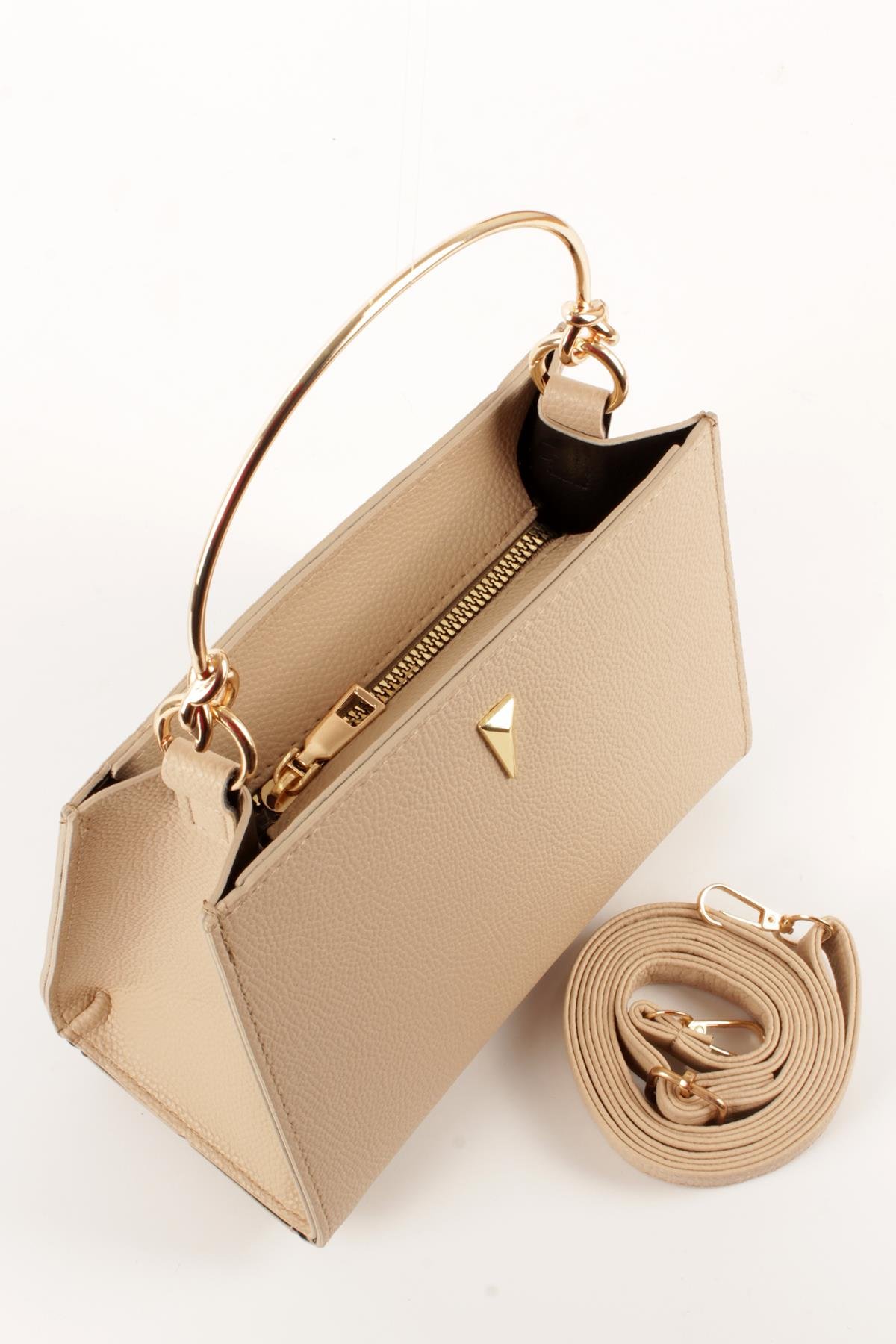 LWE1780-SyhTalhaLuwwe Bag'sKadın Gold Çelik El Saplı Şişe Dipli Pramit Armalı El ve Omuz Çantası (1780)